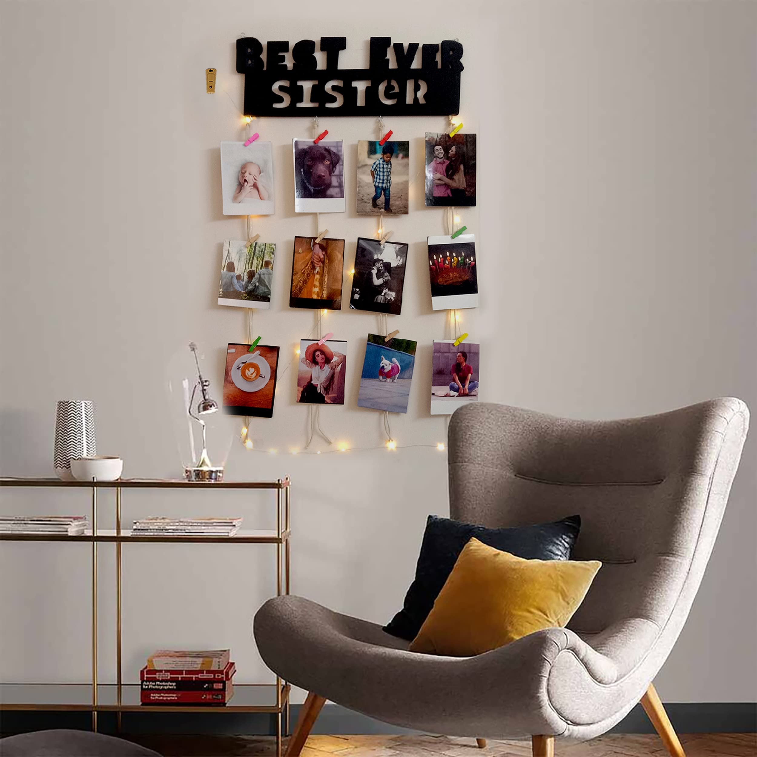 Vah Wooden Photo Frame With Led Light - Display Picture Collage Organizer With Clips (Best Sister Ever With Light)