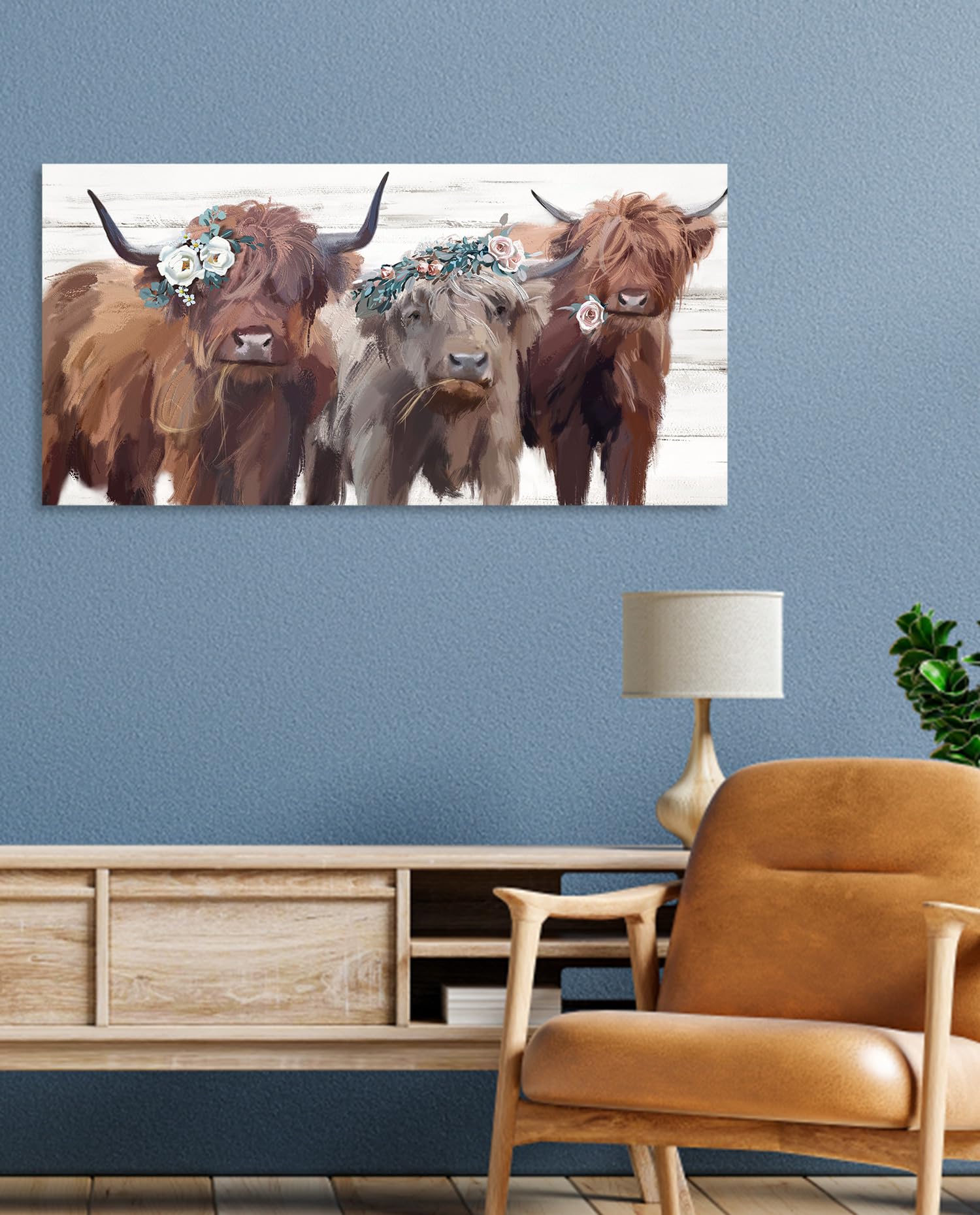 Highland Cow Canvas Wall Art: Cow Floral Picture Farmhouse Kitchen Decor Funny Animal Long Haired Scottish Cow Paintings Framed