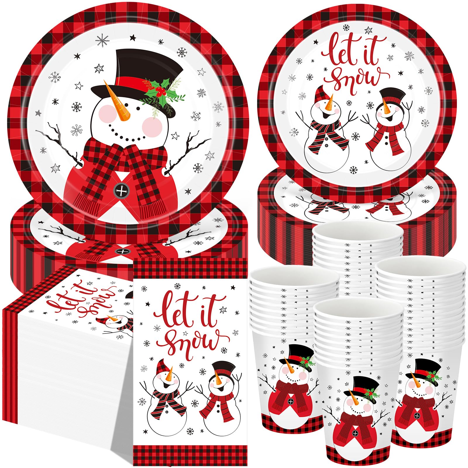 Funnymoom 250 Pcs Christmas Snowman Paper Plates and Napkins Party Supplies Red Black Buffalo Plaid Winter Disposable Tableware 