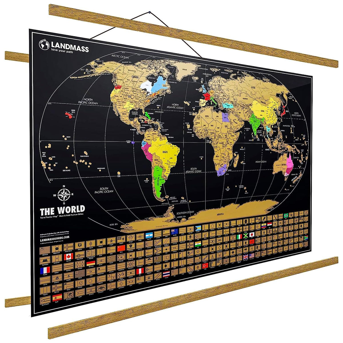 Landmass Scratch Off World Map, With Wood Hanger Frame, Extra Large 36X24 Inch Travel Map Poster, Scratchable Flags And Countrie