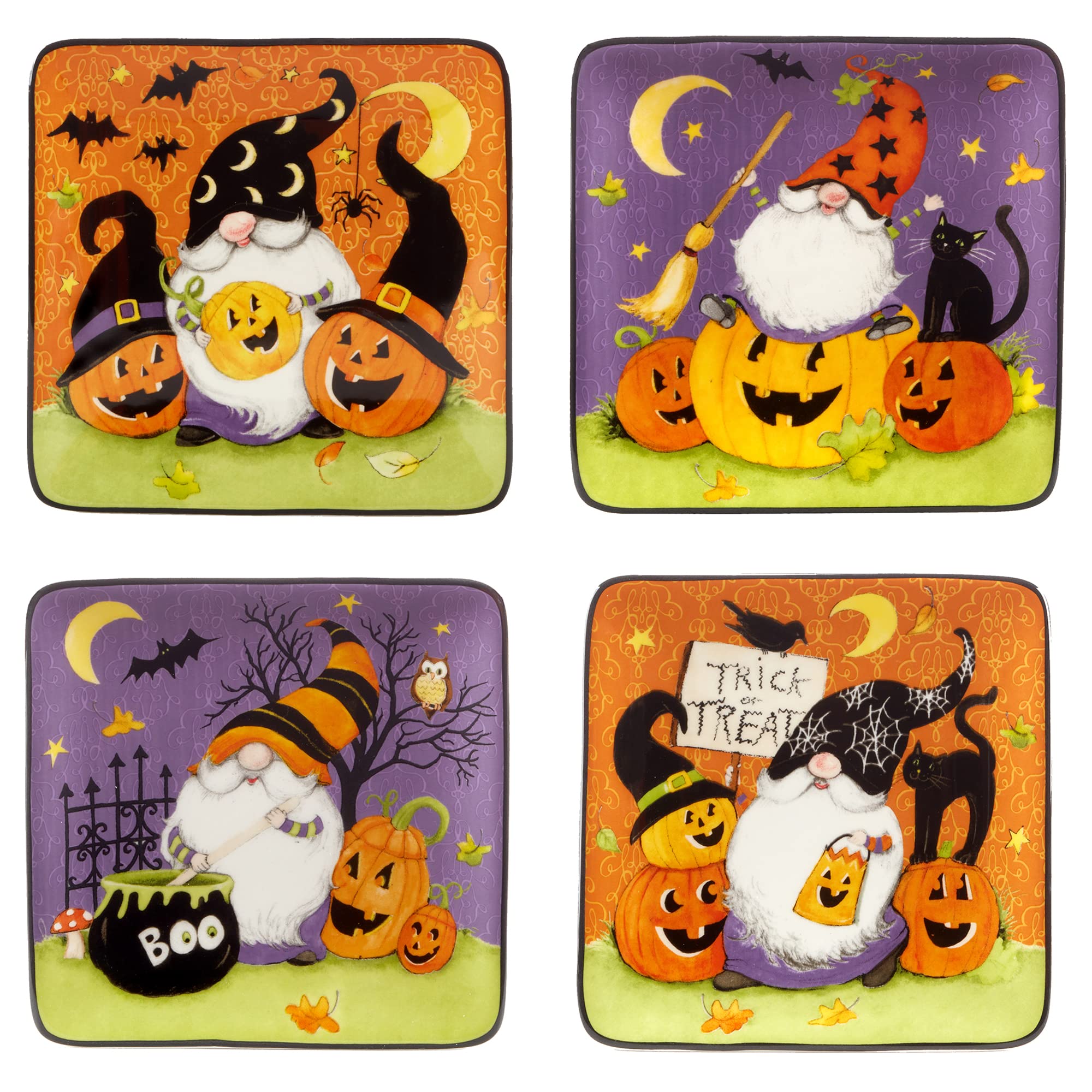 Certified International Halloween Gnomes 6'' Canape/Luncheon Square Plates, Multicolor, Small, Set Of 4