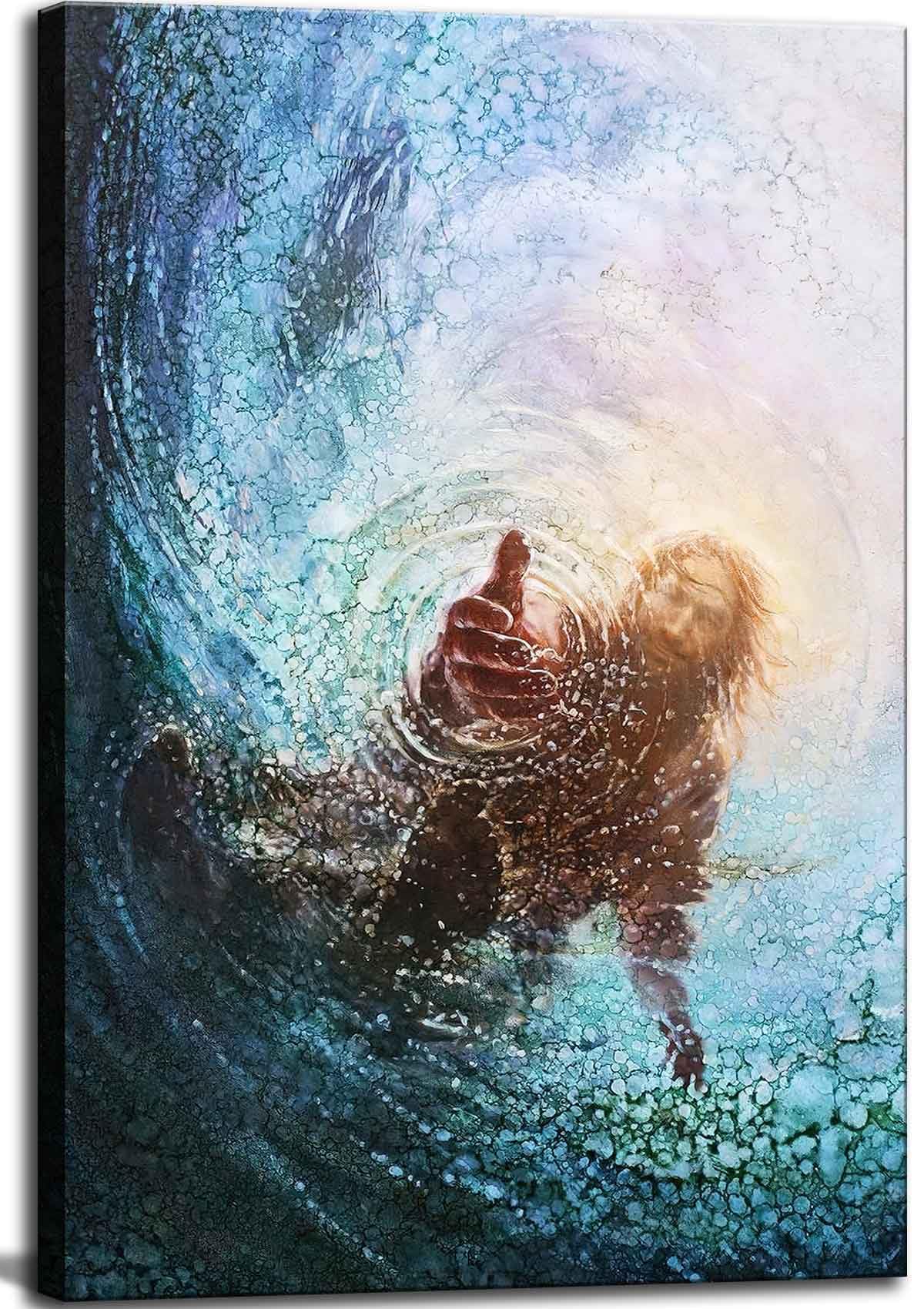 Jesus Christian Canvas Wall Art Hand of God Reaching Into Water Picture Bible Christ Religion Painting Wall Decor Poster Print f
