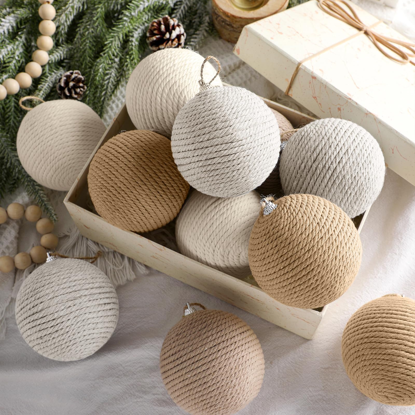 PullCrease 12 Pcs Neutral Burlap Christmas Ball Ornament 3.15 Inch Farmhouse Boho Jute Rope Woven Xmas Baubles Rustic Modern Nat