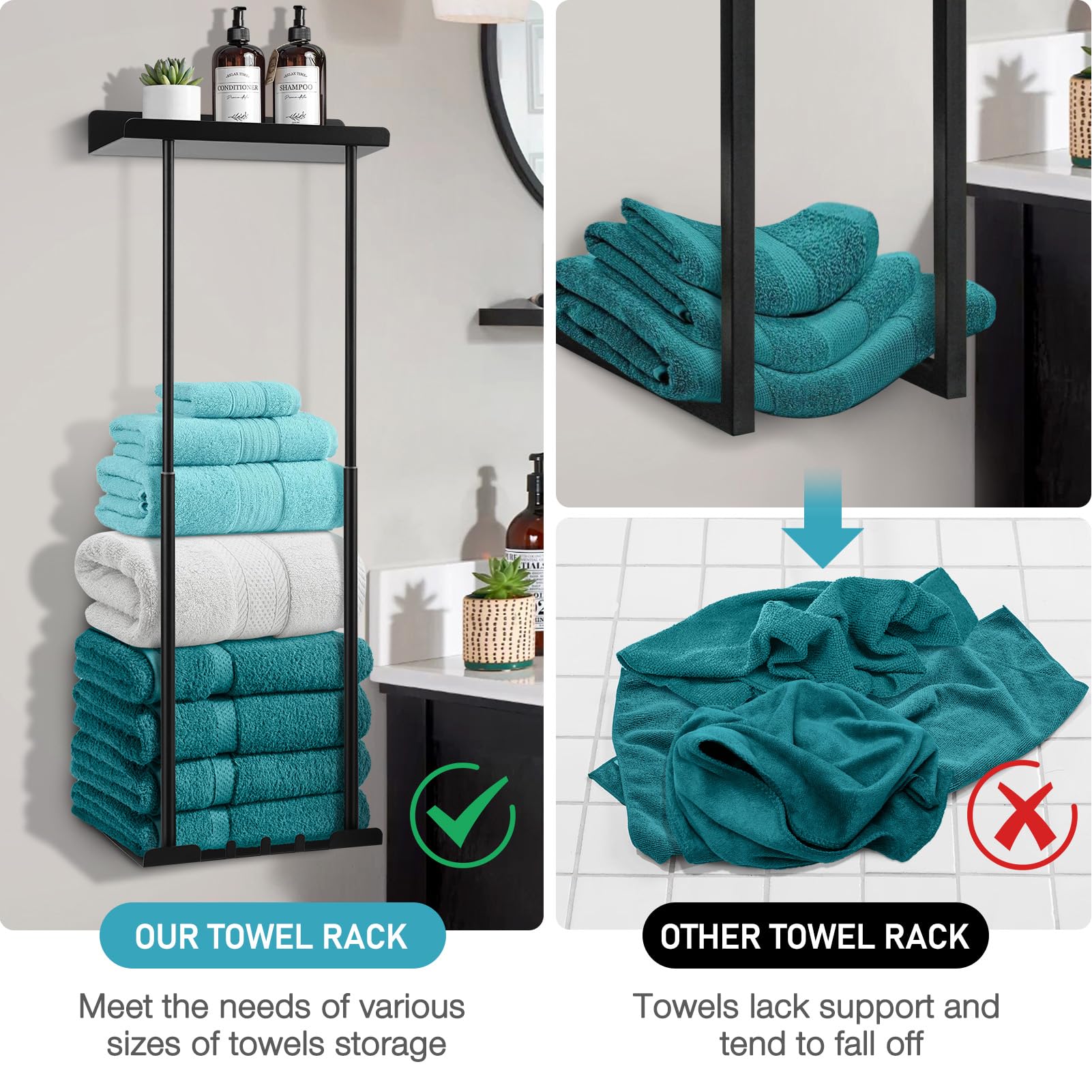 Hommtina Bathroom Towel Storage Black Towel Holder Bathroom Decor Aesthetic Towel Racks For Bathroom Bath Towel Storage For Roll