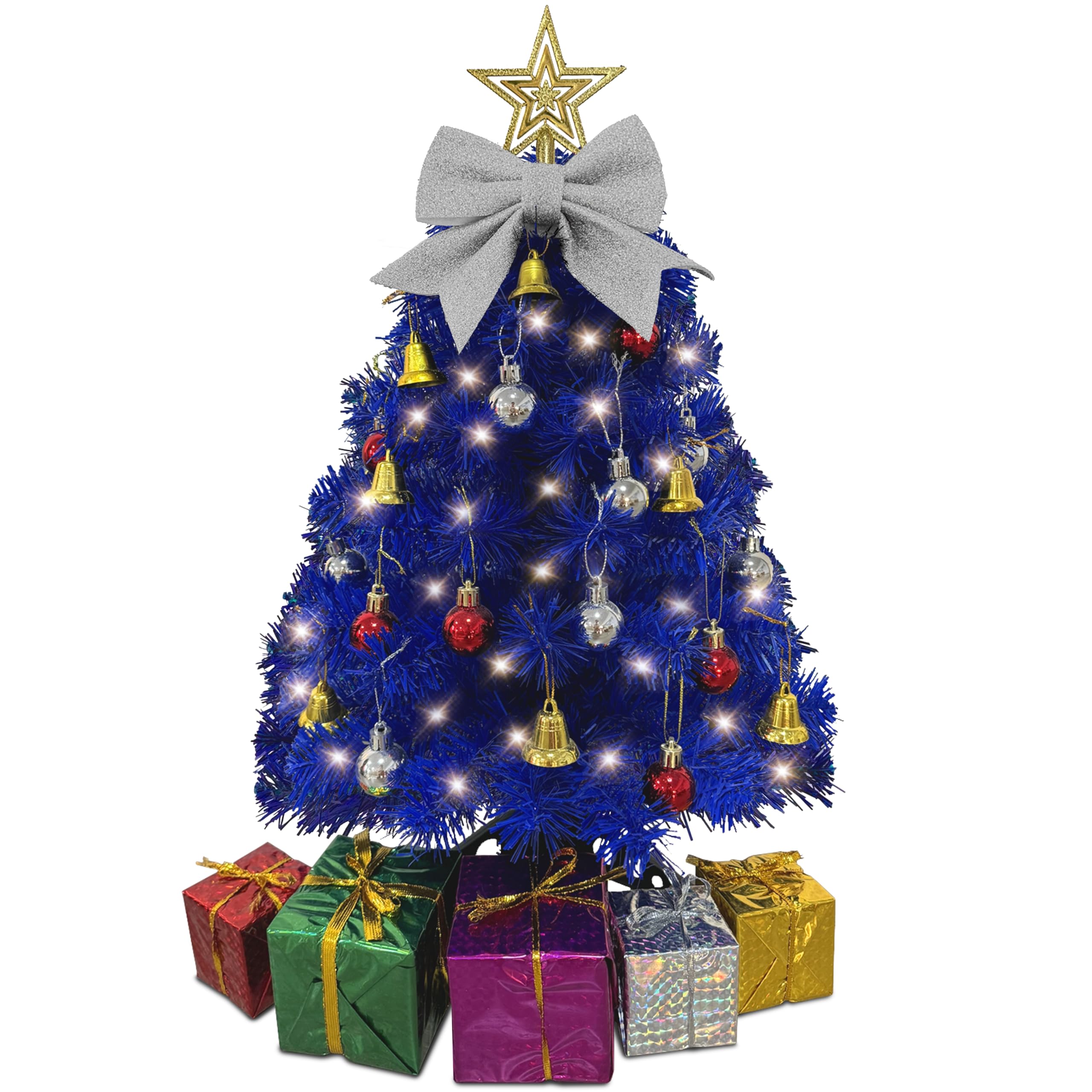 Small Blue Christmas Tree with Lights - 23 Inch Mini Tabletop Christmas Tree with Warm-White LED Lights, Hanging Ornaments, Deco