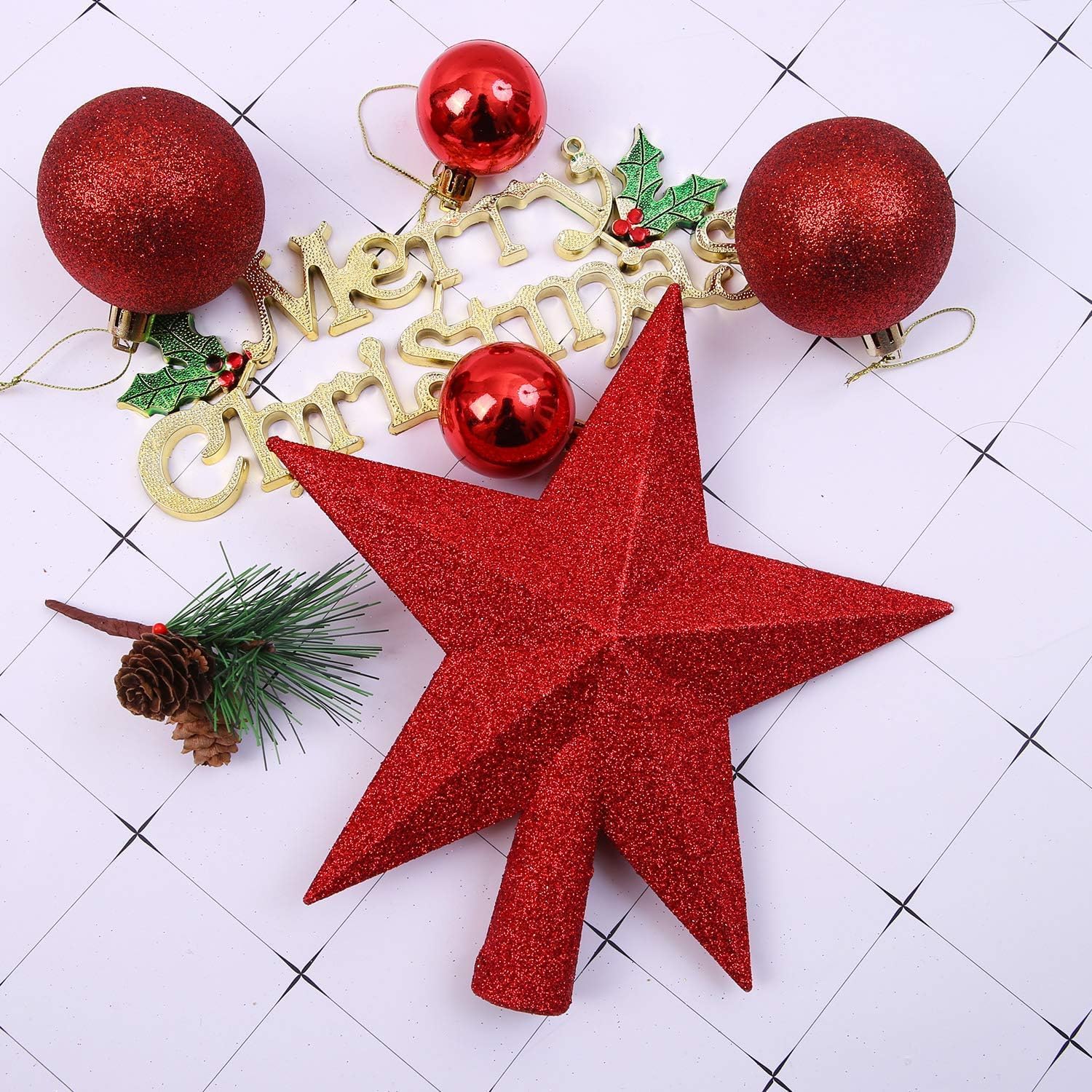 Aneco Red Glitter Mini Christmas Tree Topper Shatter-Proof 6 Inch Christmas Tree Decoration Treetop for Holiday Ornament or Home