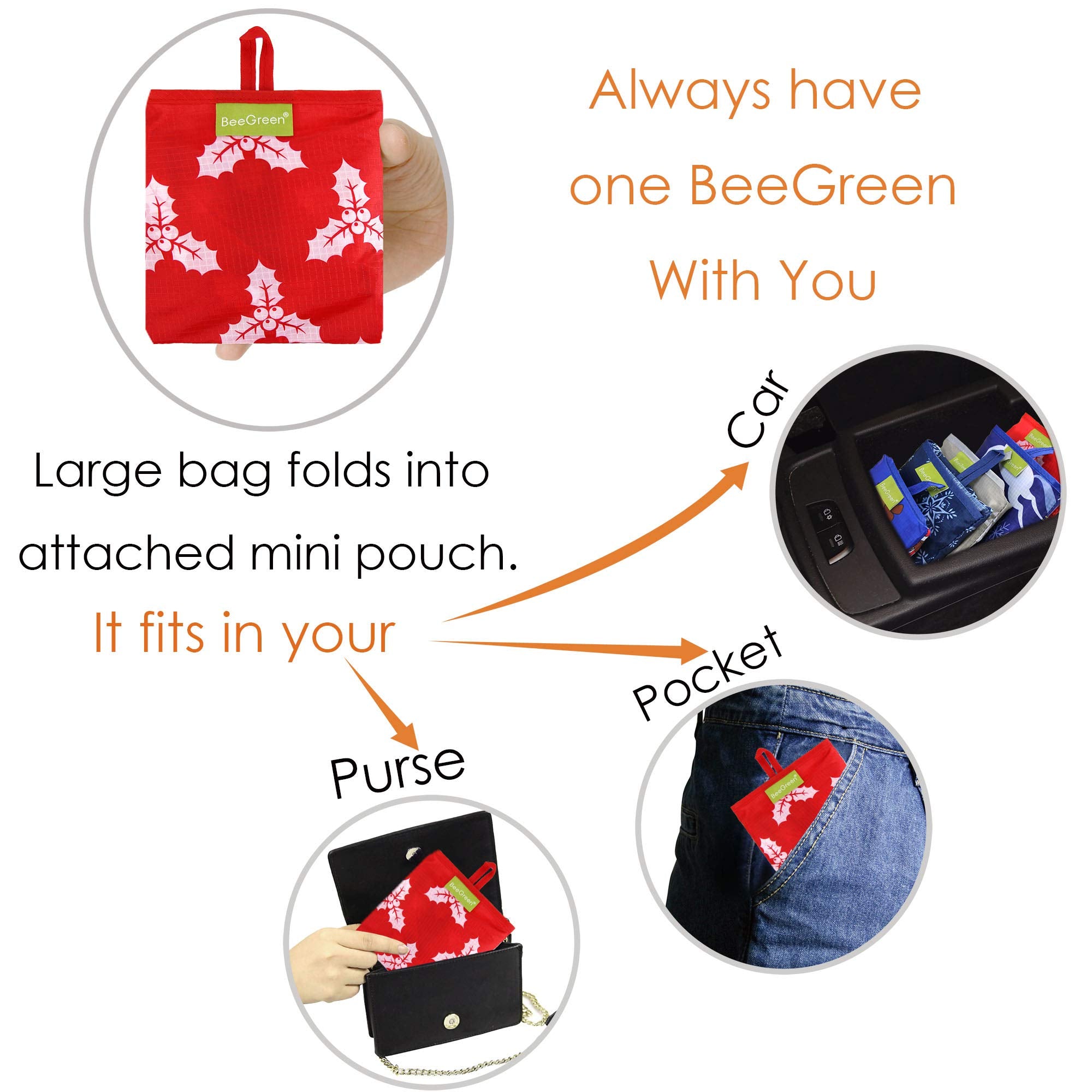 BeeGreen Christmas Red Reusable Grocery Bags 12 Pack with Storage Pouch & Elastic Band Gift Bags Shopping Tote Bags Bulk Ripstop