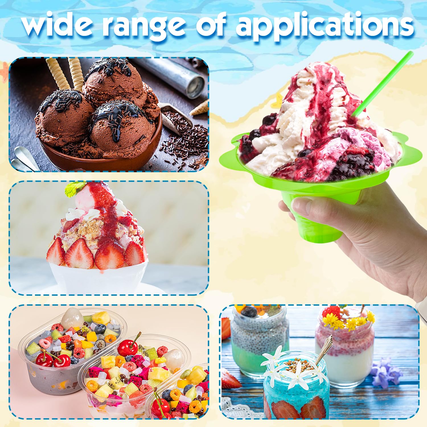 Haawooky 200Pcs 4Oz Snow Cone Cups With Spoon Straws,Flower Shaped Ice Cream Snacks Cup,Colorful Reusable Plastic Bowls Easy Gri