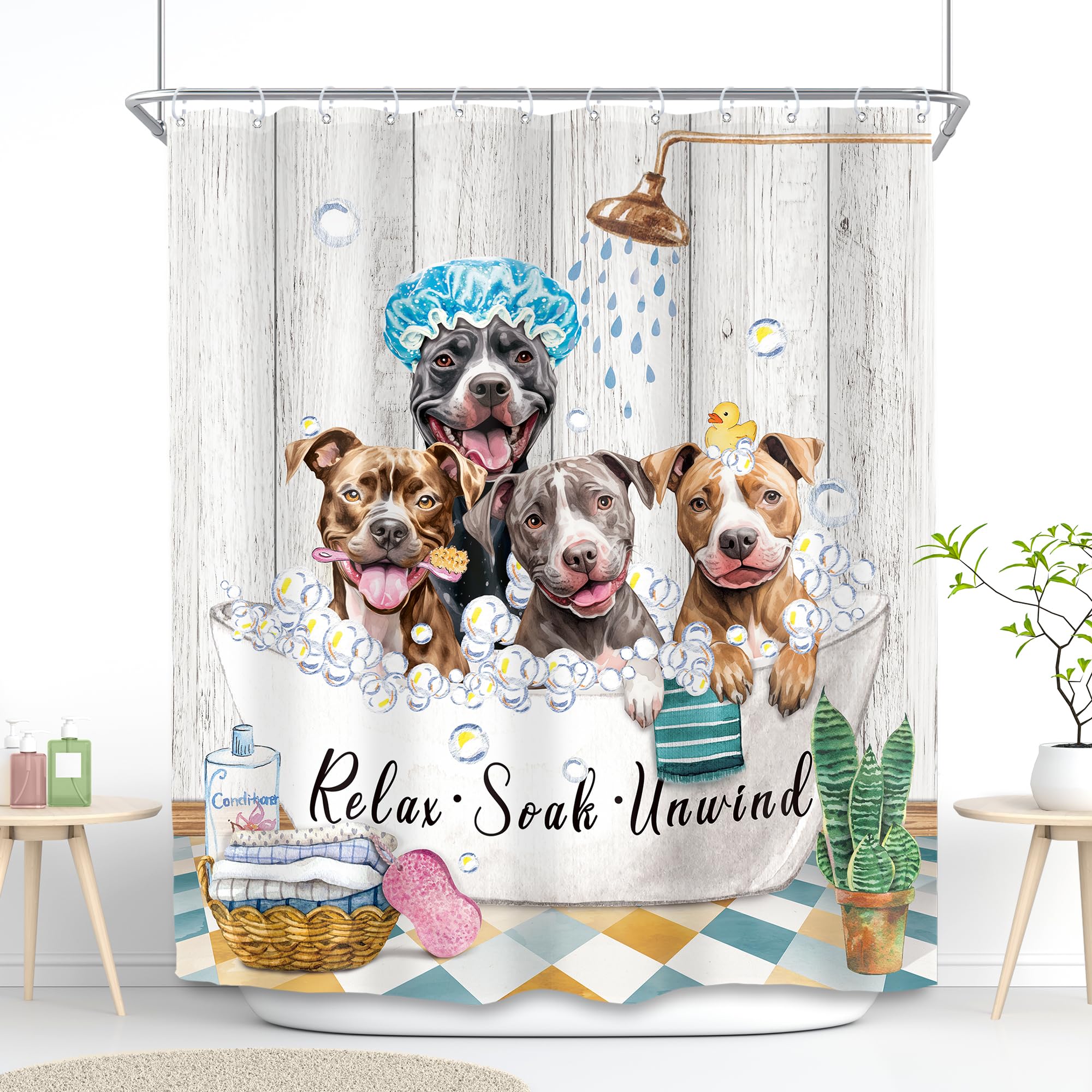 Svbright Funny Dog Shower Curtain 60Wx72L Inch Kids Cute Animals Farmhouse Puppy Shower Wooden Plank Bubbles Vintage Rustic 12 P