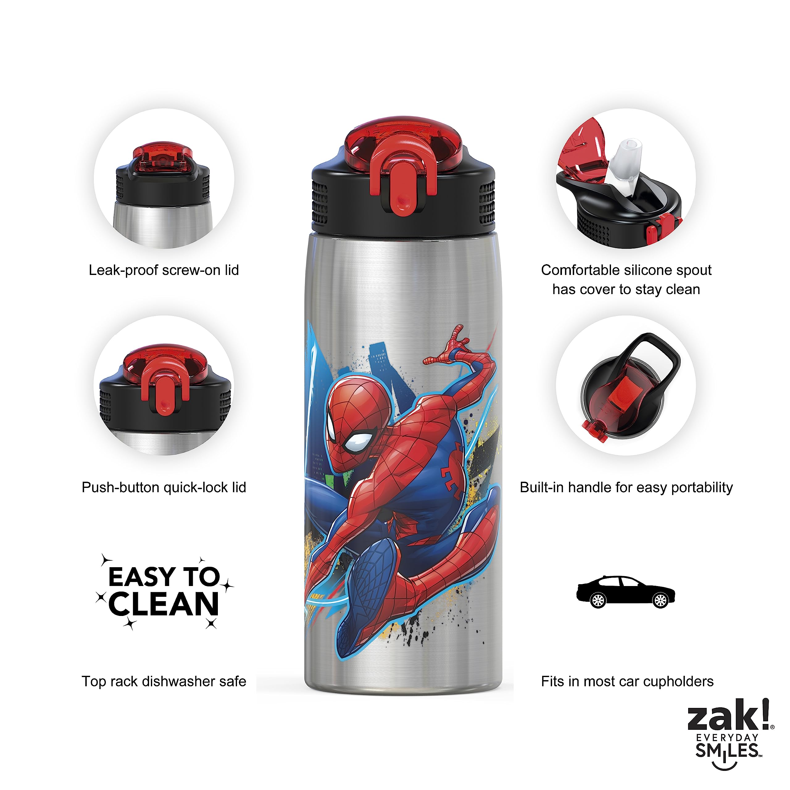 Zak Designs 27Oz Marvel 18/8 Single Wall Stainless Steel Water Bottle With Flip-Up Straw And Locking Spout Cover, Durable Cup Fo
