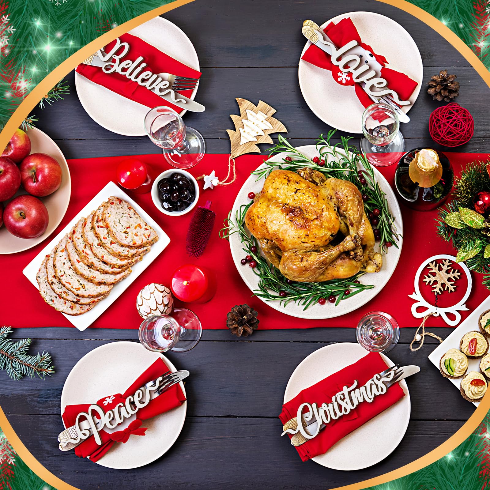 Suzile 24 Pcs Christmas Plate Wooden Letter Signs Merry Christmas Wooden Words Cutouts Wood Letter Place Card Signs Xmas Dinner