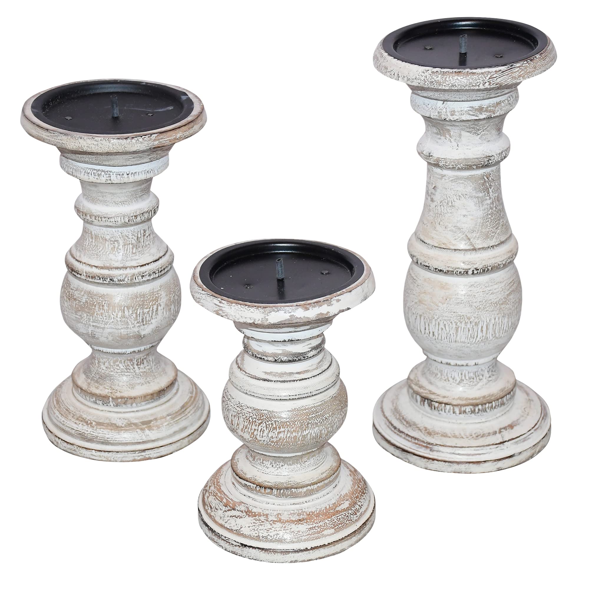 The Urban Port Wooden Candleholder with Turned Pedestal Base, Set of 3, Distressed White