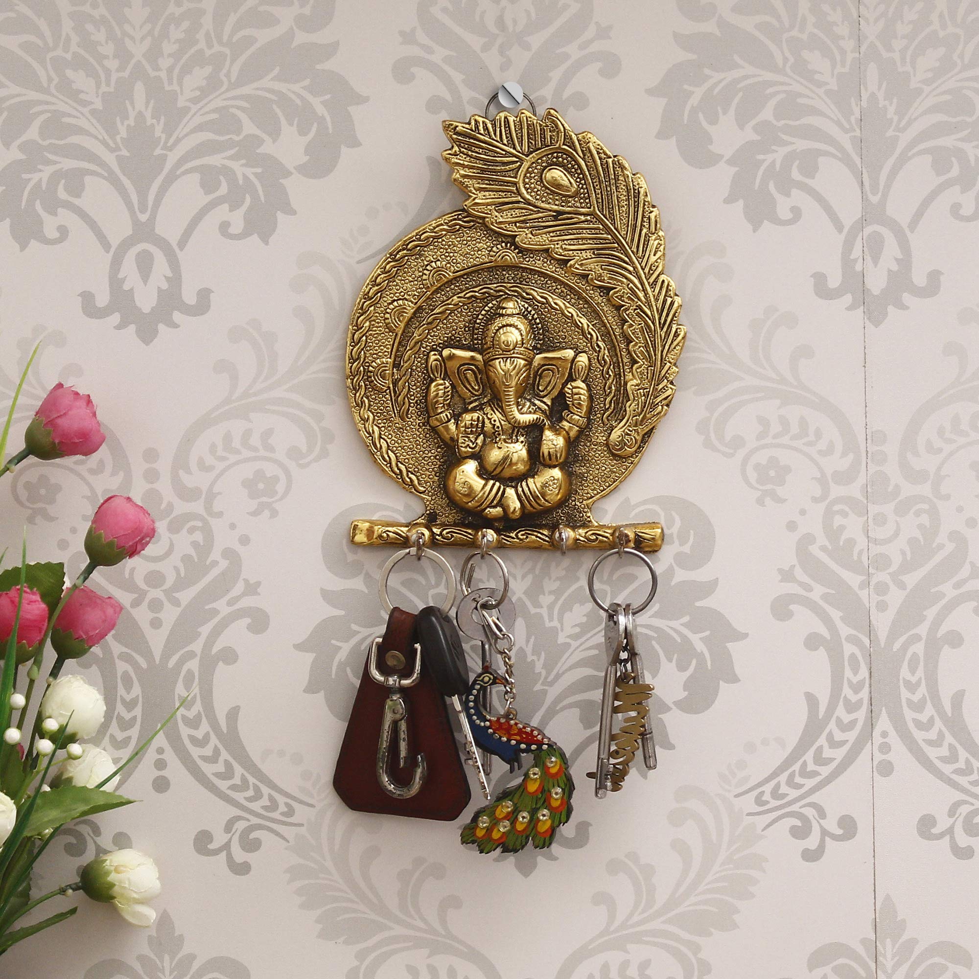 eCraftIndia Golden Metal Lord Ganesha & Peacock Feather Decorative Key Holder for Wall with 4 Key Hooks | Wall Key Holder for Ho