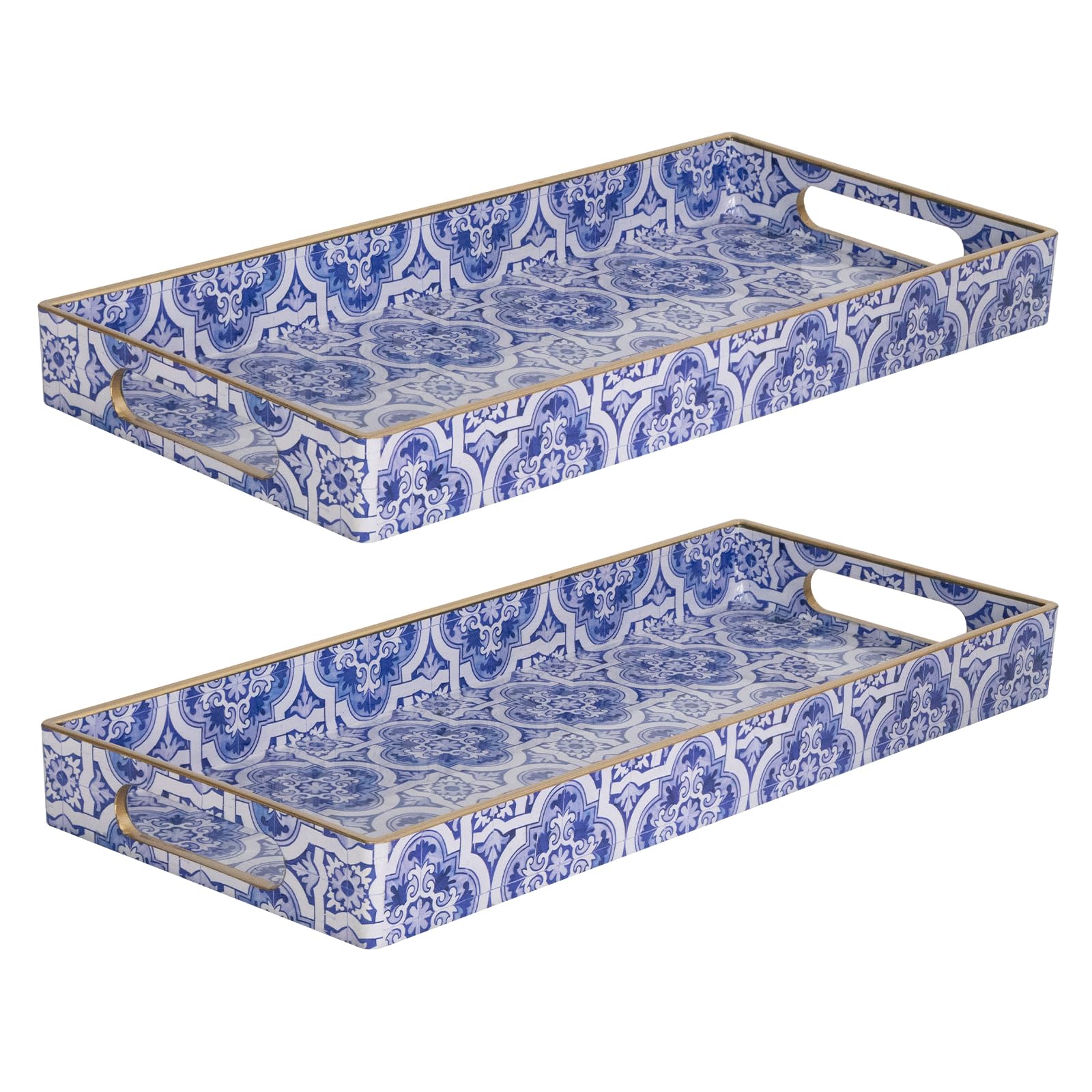 Maoname Blue Vanity Tray Set Of 2, Plastic Decorative Tray With Handles, Moroccan Bathroom Tray For Toilet Tank, Counter, 13.8''