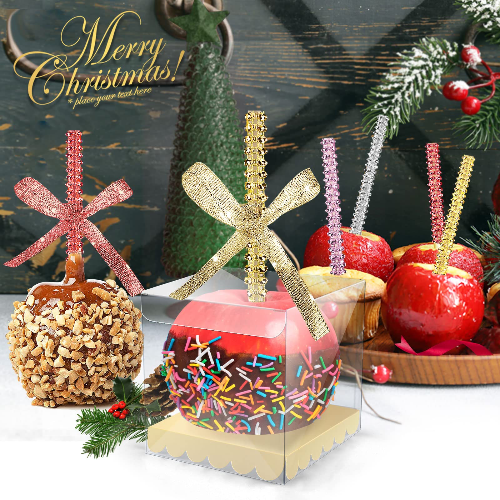50 Pcs Candy Apple Box Base,Golden Cardboard Taffy Apple Inserts, Square Caramel Apple Wraps Tray, Clearly Diy Candy Apple Holde