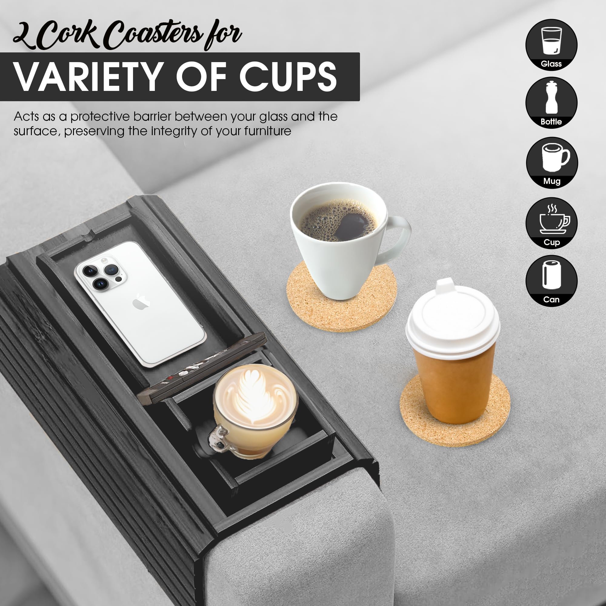 Couch Cup Holder With 2 Cork Coasters | Couch Caddy With Detachable Couch Cup Holder Tray | Anti-Slip Foldable Sofa Table Tray -