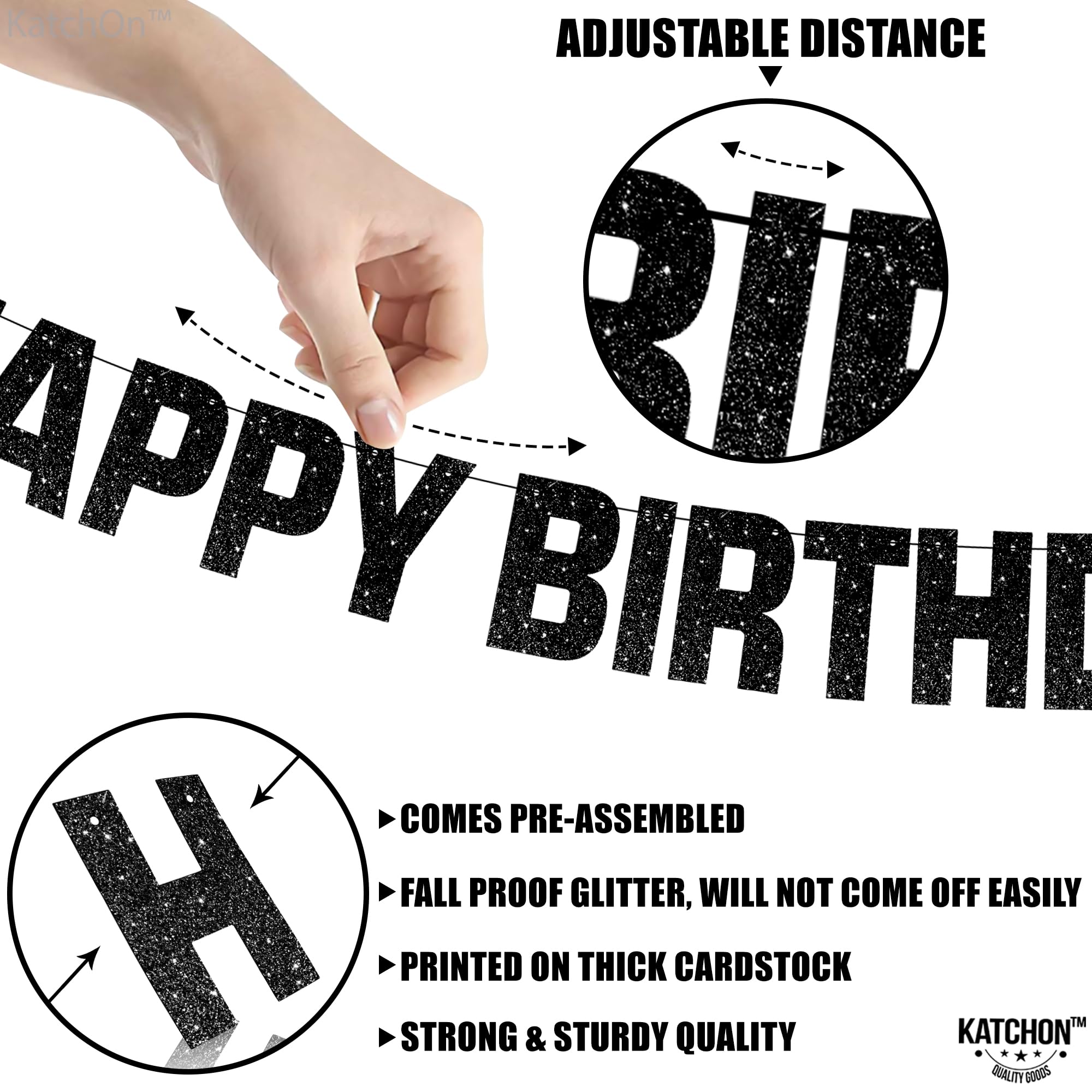 Katchon, Glitter Black Happy Birthday Banner Light Up - Prestrung, 10 Feet | Black Happy Birthday Led Sign, Happy Birthday Banne