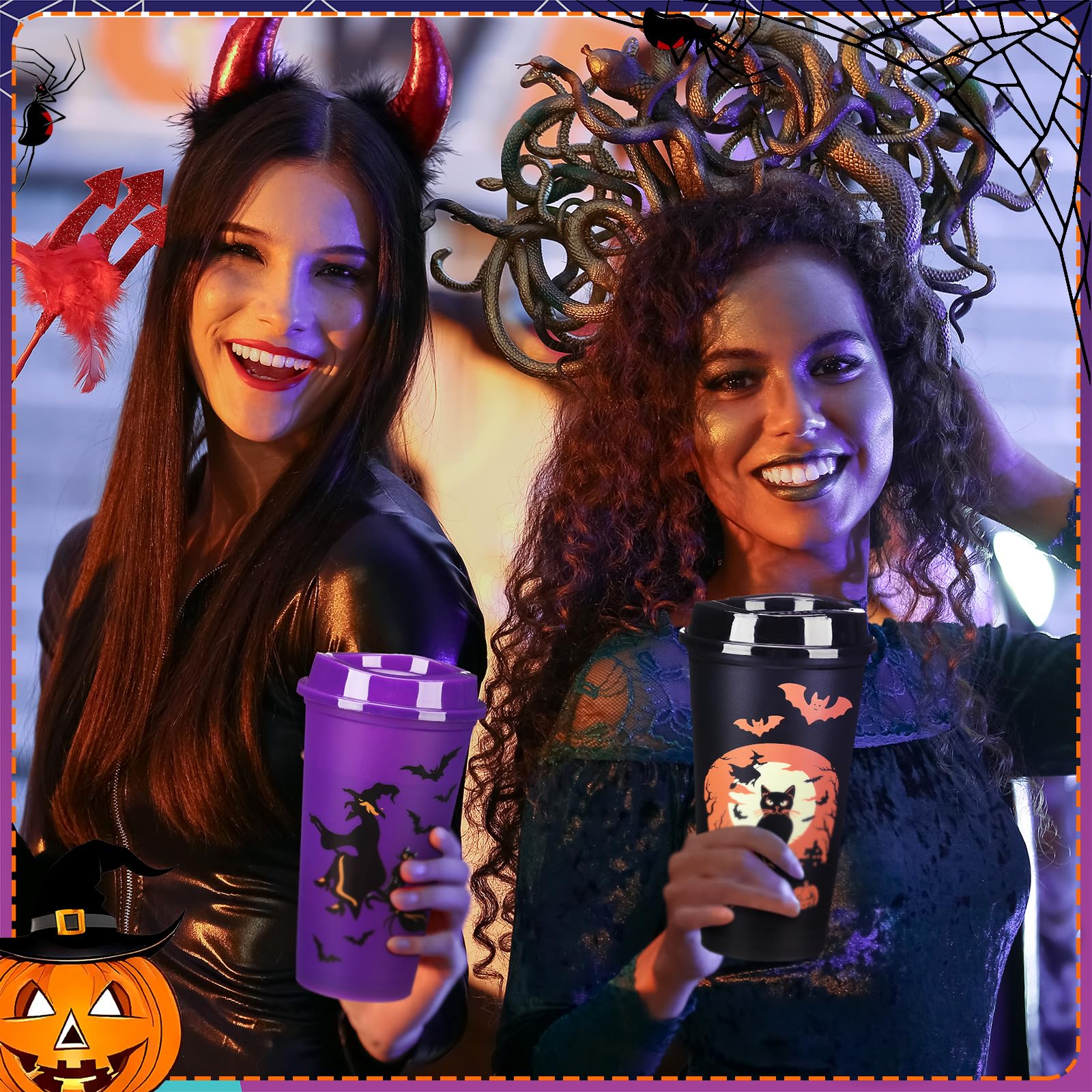Pickmesh 12 Pack Halloween Reusable Coffee Cup Gift Bulk 16 oz Witch Bat Pumpkin Black Cat Horror Pattern Tumblers with Lid Plas
