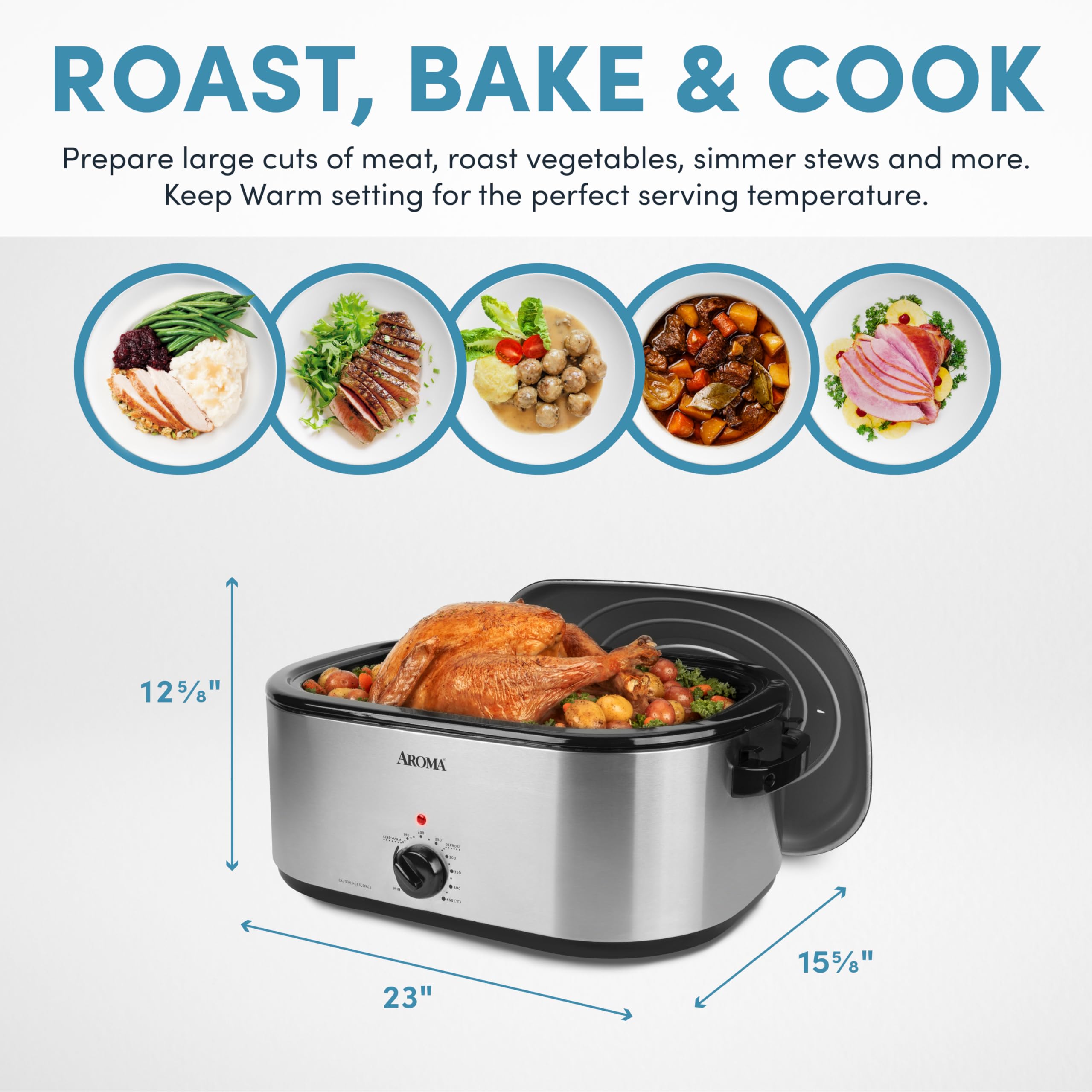 Aroma 22Qt. Roaster Oven With Self Basting Lid Stainless Steel