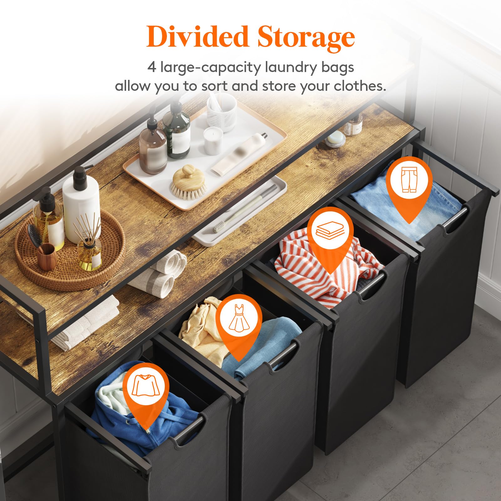 Lifewit Laundry Hamper 4 Section, 168L Pull Out Laundry Clothes Basket Organizer With Large Top Shelf And 4 Removable Bags And H