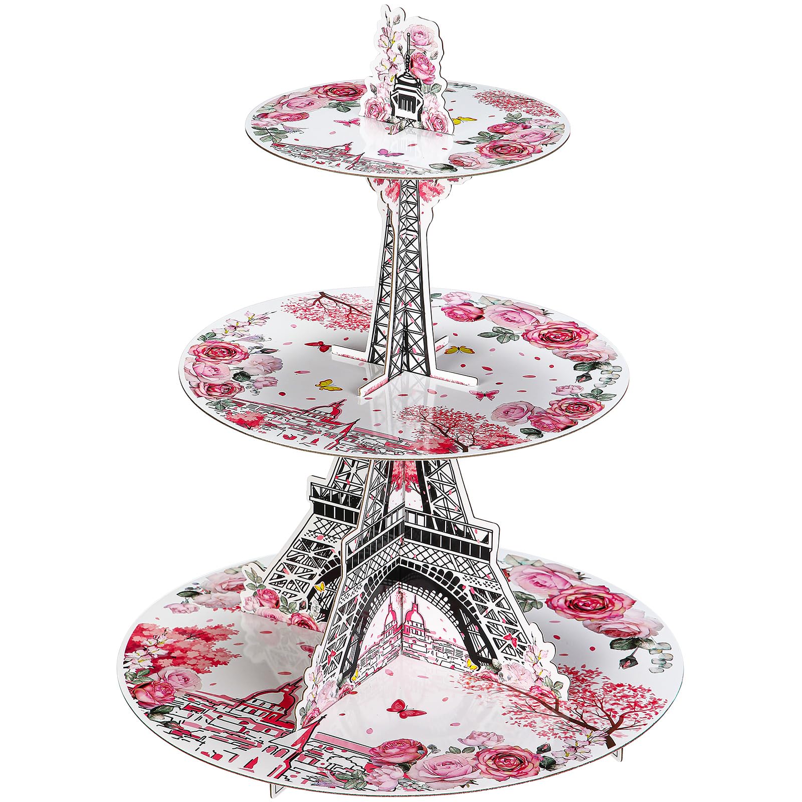 Honeydak 3 Tier Paris Party Cupcake Stand Decorations Pink Paris Theme Cupcake Holder Decorations Eiffel Tower Dessert Tower for