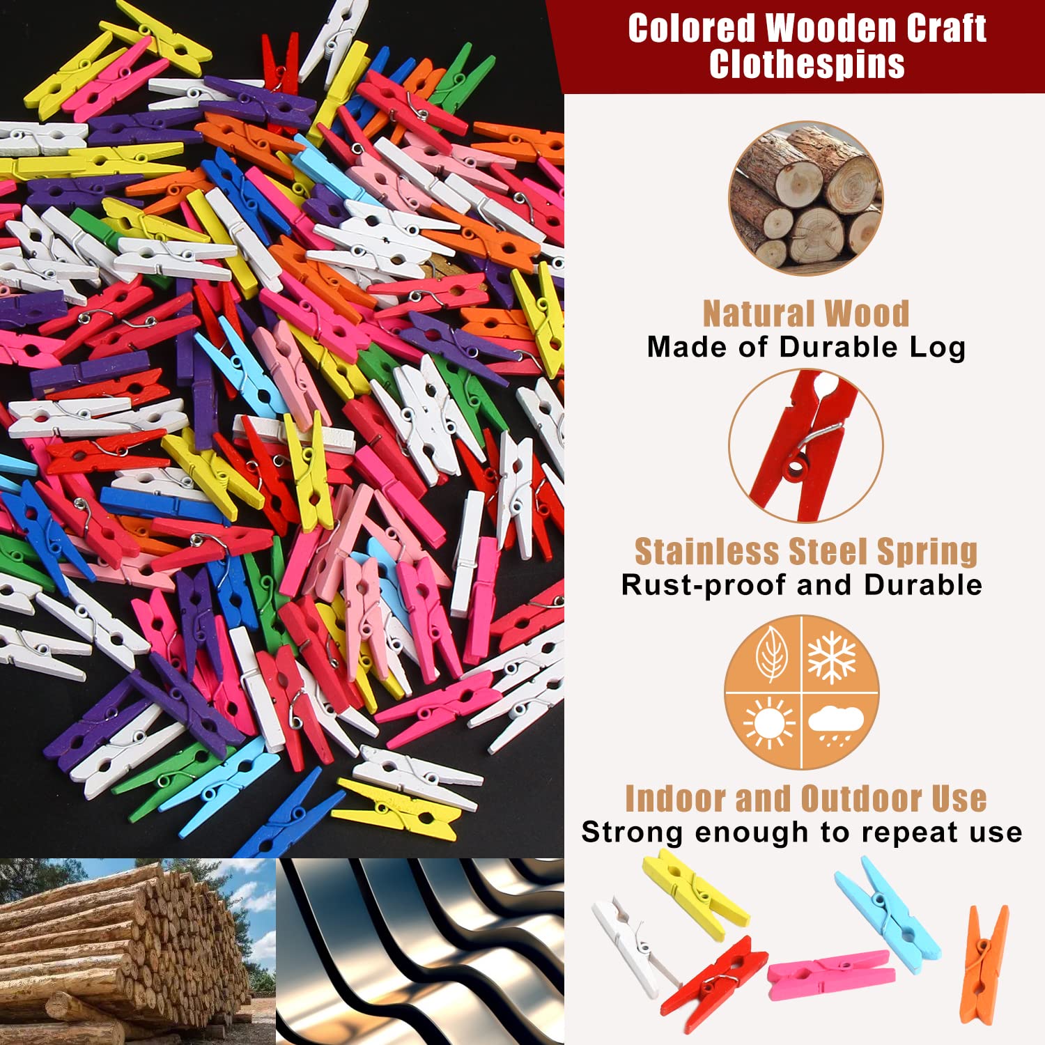 Kimober 1.18Inch Wooden Clothespins,Mini Mixed Colored Craft Wood Pins Pegs Clips For Hanging Photos,Paper Crafts,100Pcs