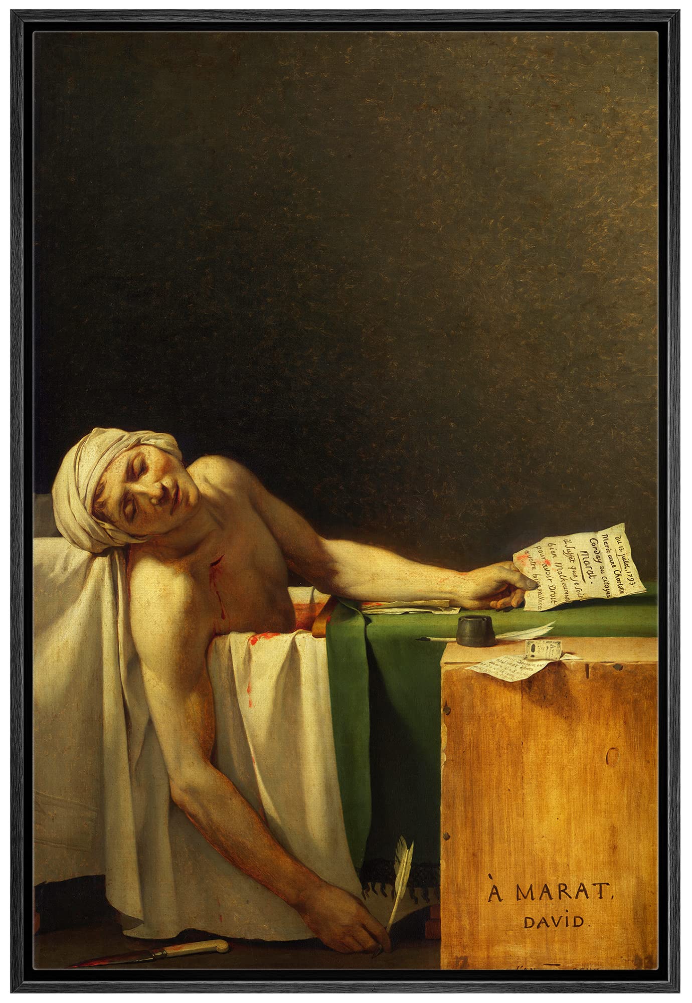 Wall26 - The Death Of Marat By Jacques-Louis David - Framed Canvas Print Wall Art Famous Painting Reproduction - 24''X36'' Black