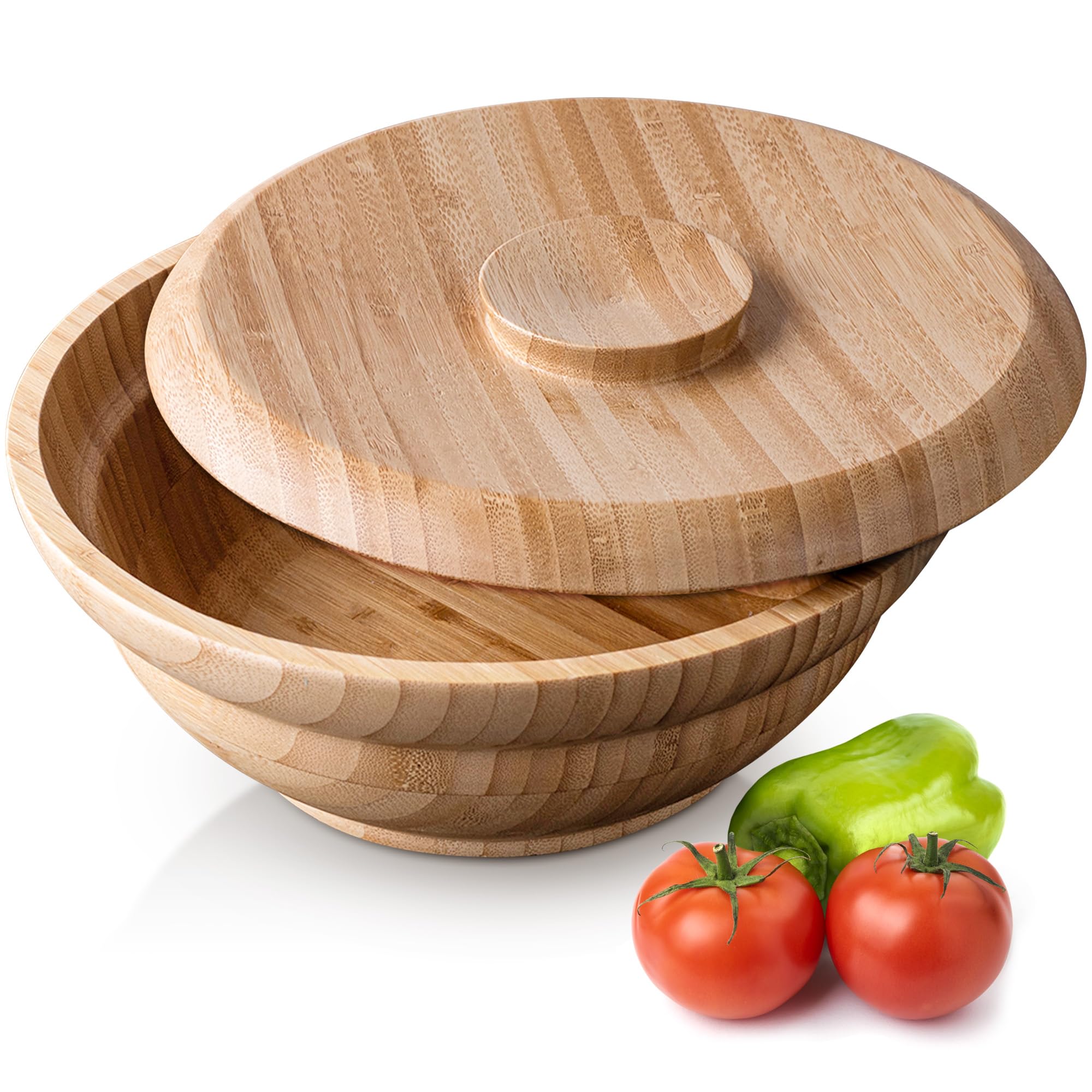 Bambum Minola Bamboo Salad And Fruit Bowl With Lid, 9.6'' Diameter X 3.7'' Height, Natural Bamboo Wood Salad And Fruit Bowl, Woo