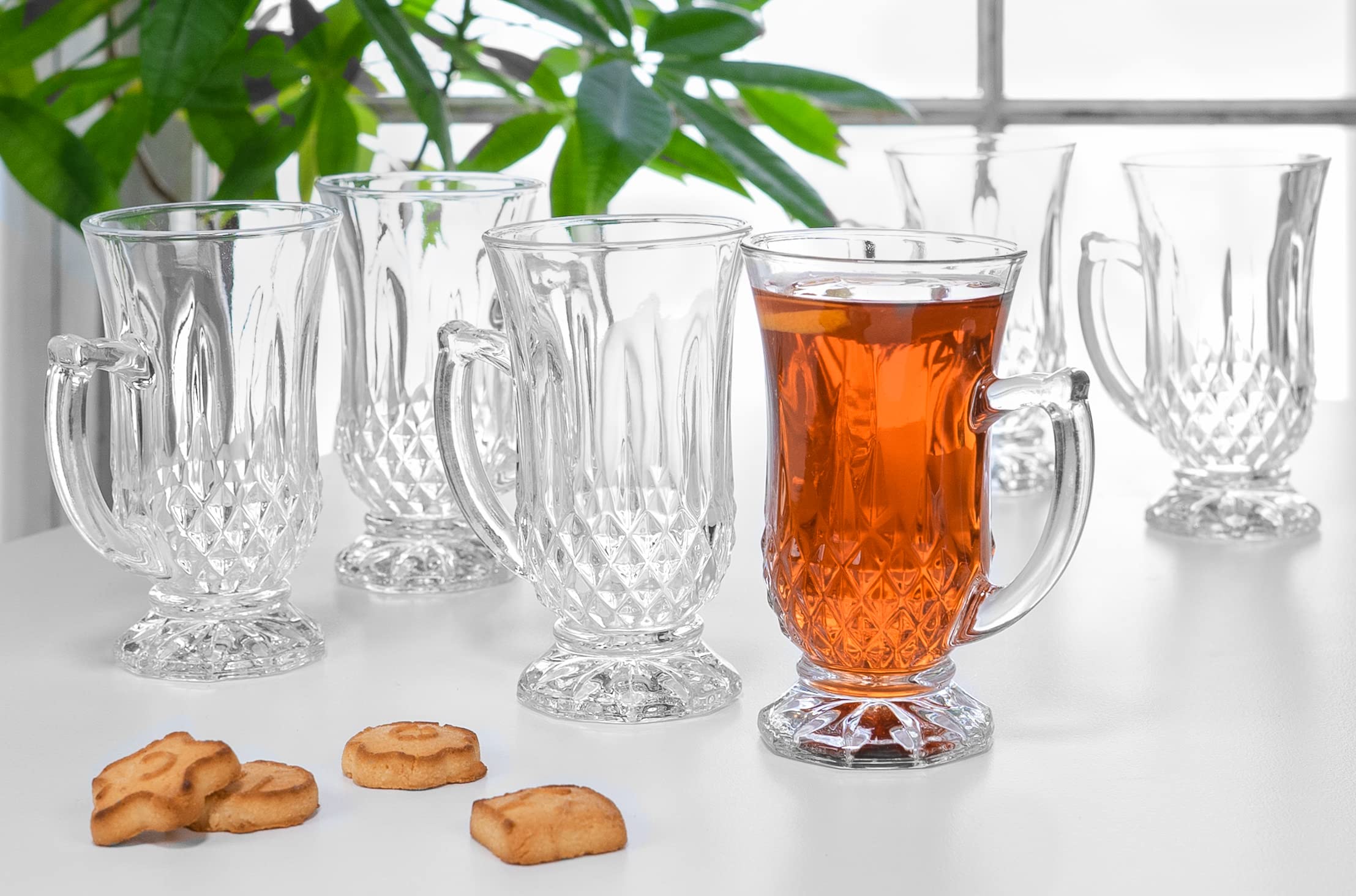 Red Co. 6-Pack Classic Clear Cut Glass 4.5 Oz Footed Turkish Tea Cups with Handles  Etched Design