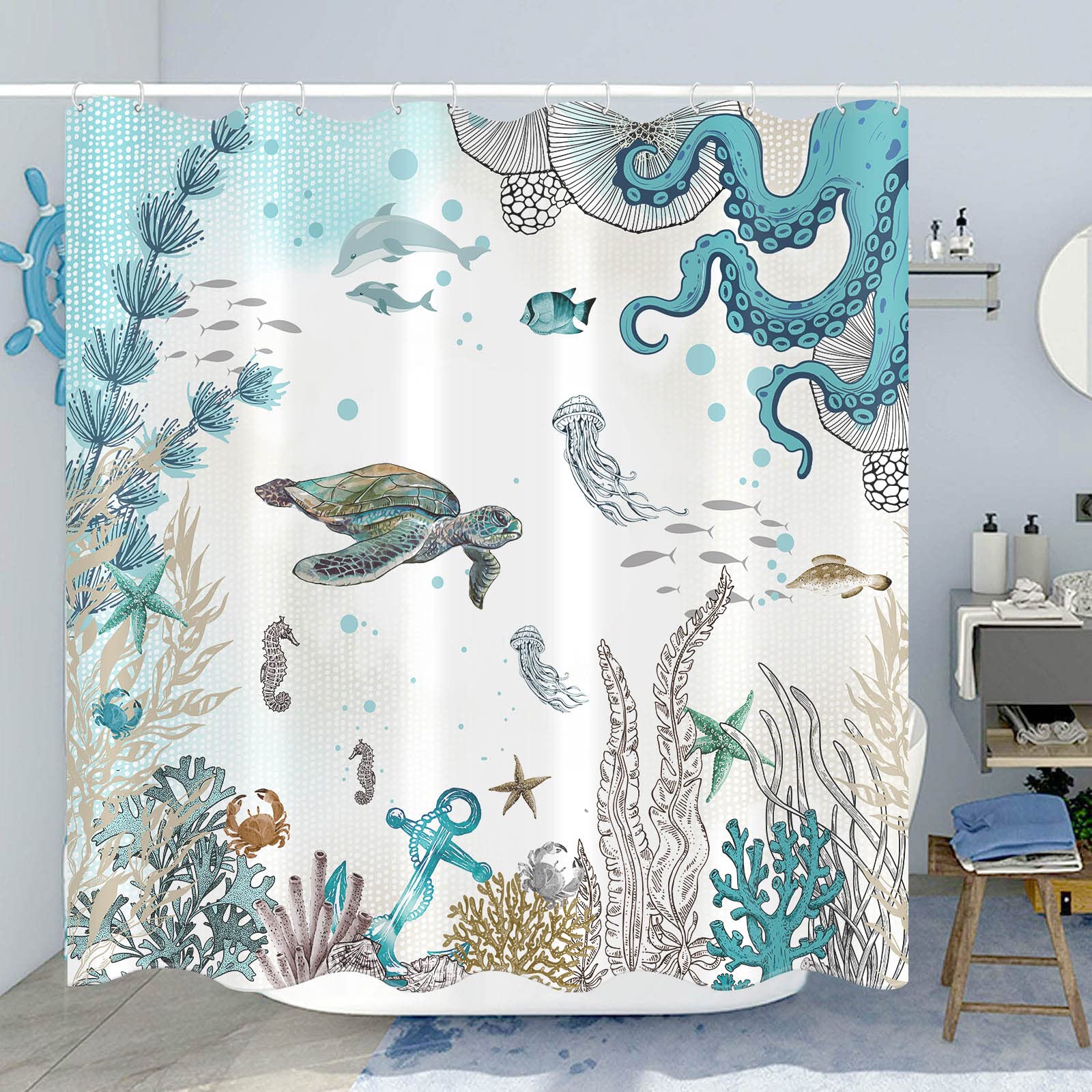 Zussun Long Sea Turtle Octopus Shower Curtain Blue Teal Waterproof Fabric Bathroom Shower Curtains Fish Ocean Animal Seashell Je