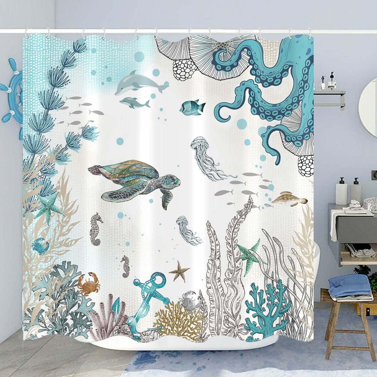 Zussun 84 Inch Extra Long Sea Turtle Octopus Shower Curtain Blue Teal Waterproof Fabric Bathroom Shower Curtains Fish Ocean Anim