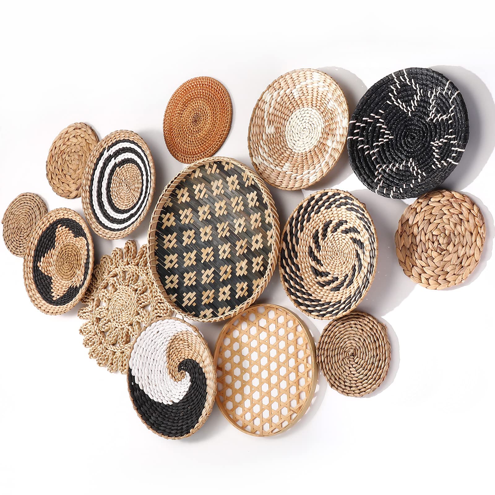 Nuenen Set Of 14 Hanging Woven Wall Basket, Boho Basket Wall Decor, Rustic Wall Decor Handcrafted Hanging Kitchen Baskets For Ki