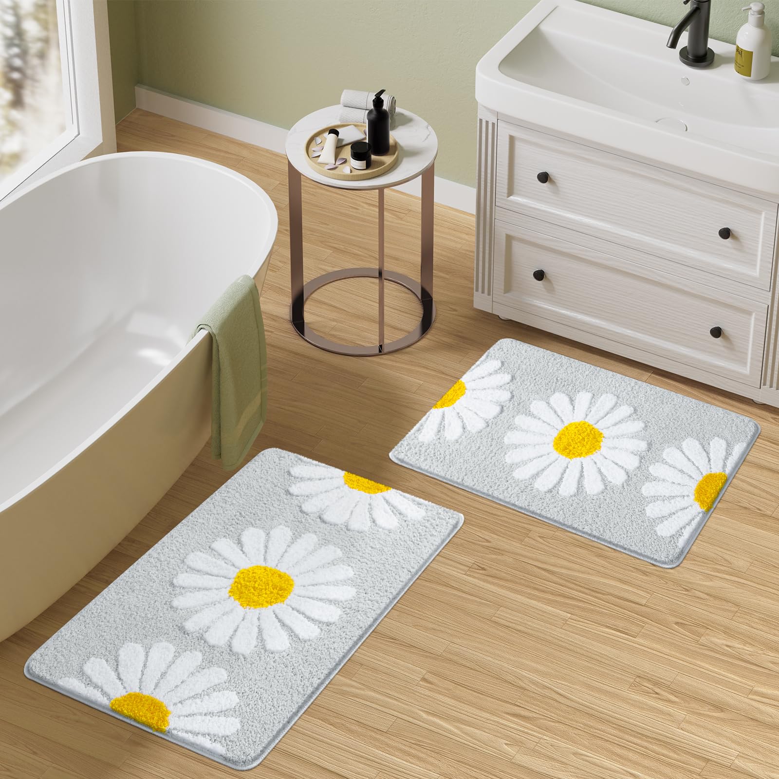 Sunhop Light Grey Bathroom Rugs, Cute Flower Daisy Bath Mat, Extra Soft And Absorbent Microfiber Non-Slip Bath Rug, Bath Mats Fo