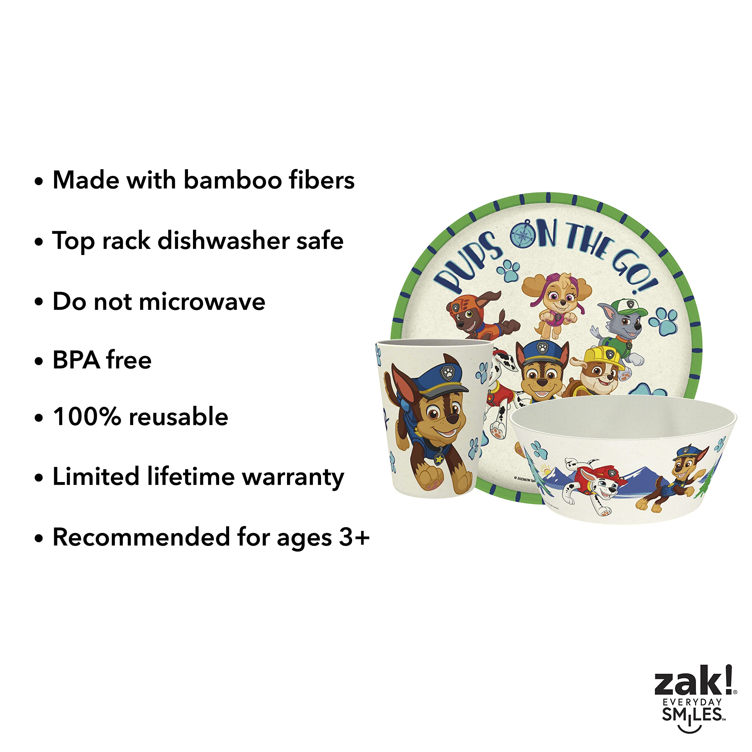 Zak Designs Paw Patrol Kids Dinnerware Set 3 Pieces, Durable And Sustainable Melamine Bamboo Plate, Bowl, And Tumbler Are Perfec