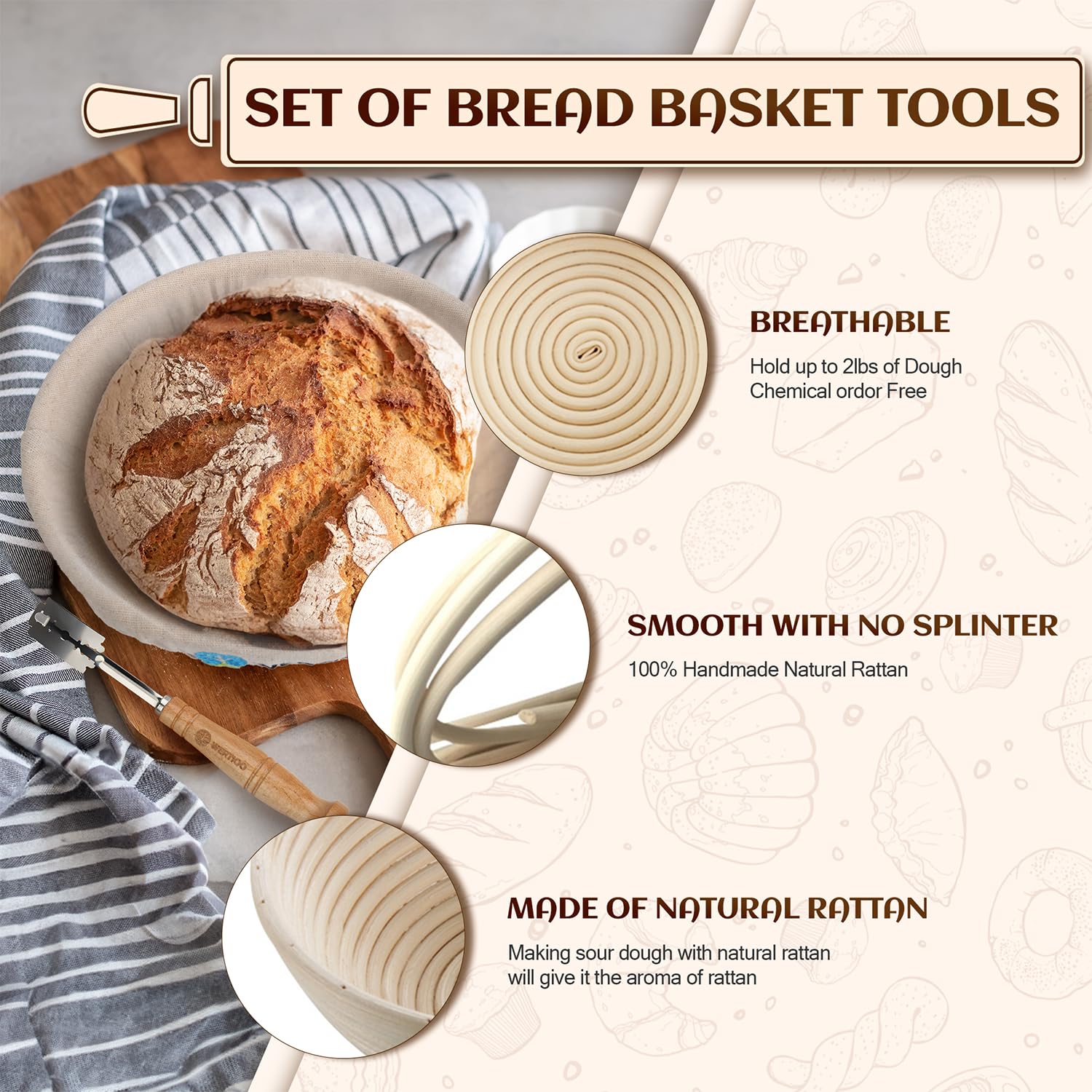 9 Inch Banneton Bread Proofing Basket, Wertioo Banneton Sourdough Proofing Basket Set Of 2+ Bread Making + Bread Lame+ Danish Wh