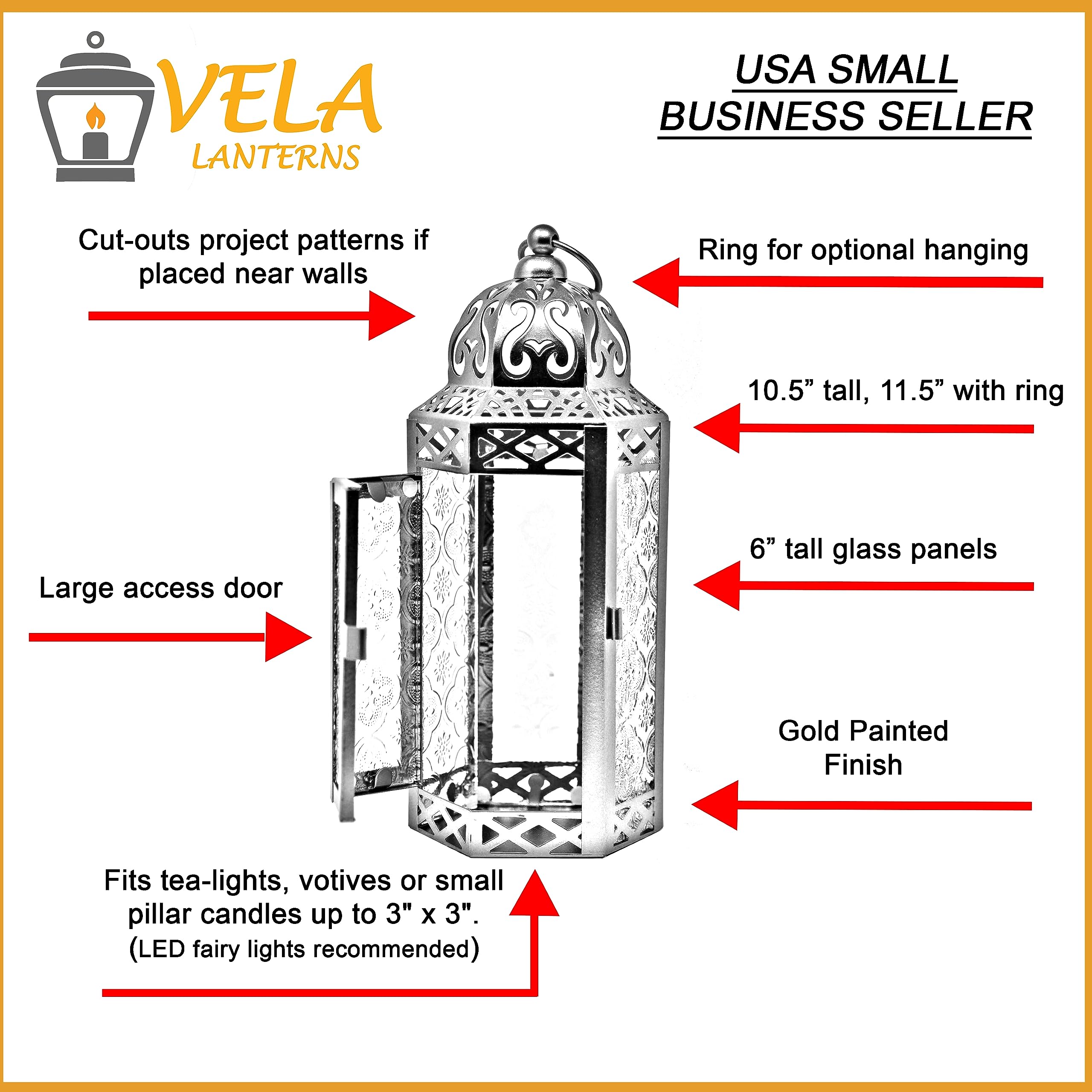 VELA LANTERNS 10.5 Gold Moroccan Candle Lantern Decorative Candle Holder Lamp for Table or Hanging, Ramadan Decorations, Indoor