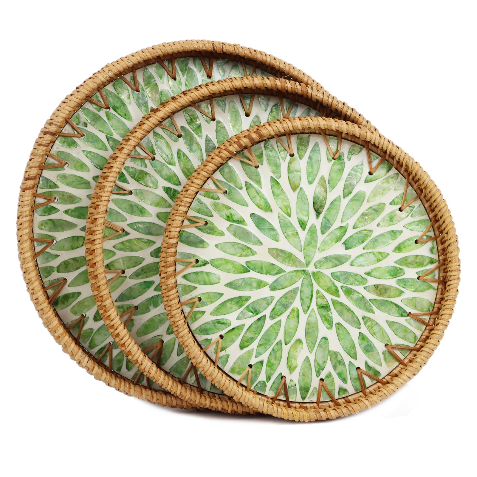 Round Rattan Tray With Mother Of Pearl Inlay, Set Of 3 Serving Trays For Coffee Table, Decorative Wicker Woven Ottoman Tray For 