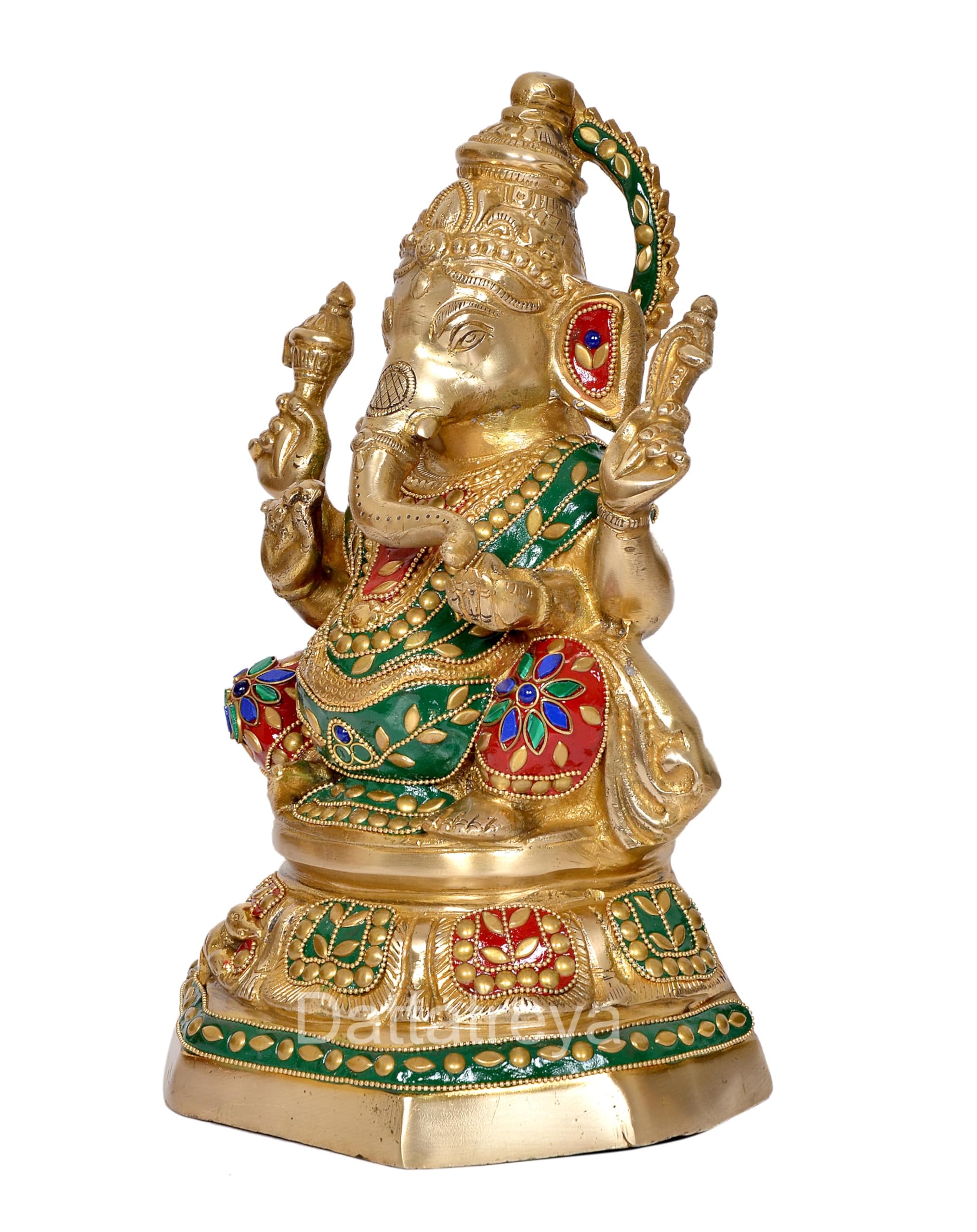 Dattatreya Brass Ganesh Statue - Handcrafted Lord Ganesha Idol For Home Decor And Pooja - Hindu God Ganapati Figurine (Height 11