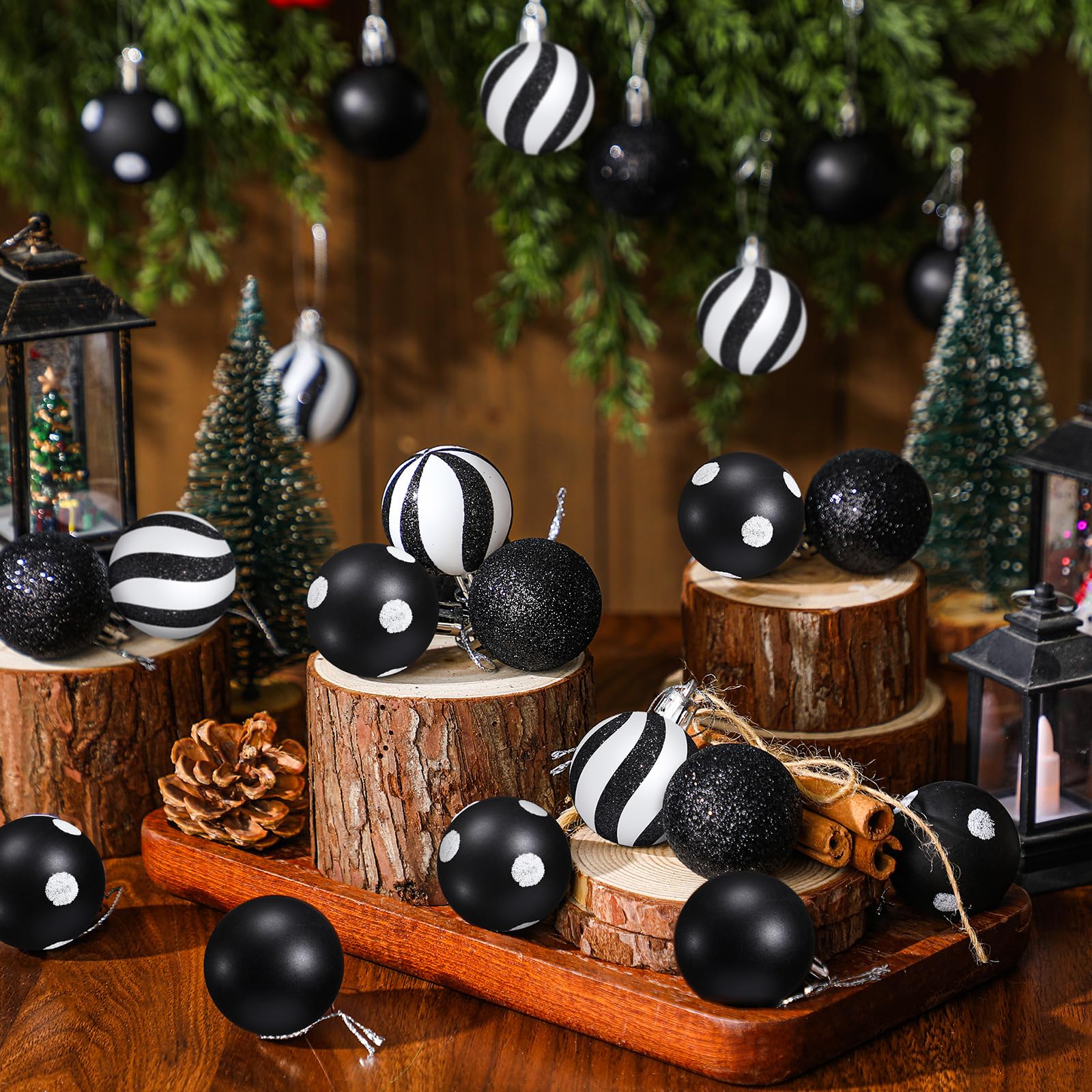 Motionchic 24 Pcs Christmas Black and White Ball Ornaments Hanging Glitter Shatterproof Balls Mini Plastic Christmas Tree Stripe