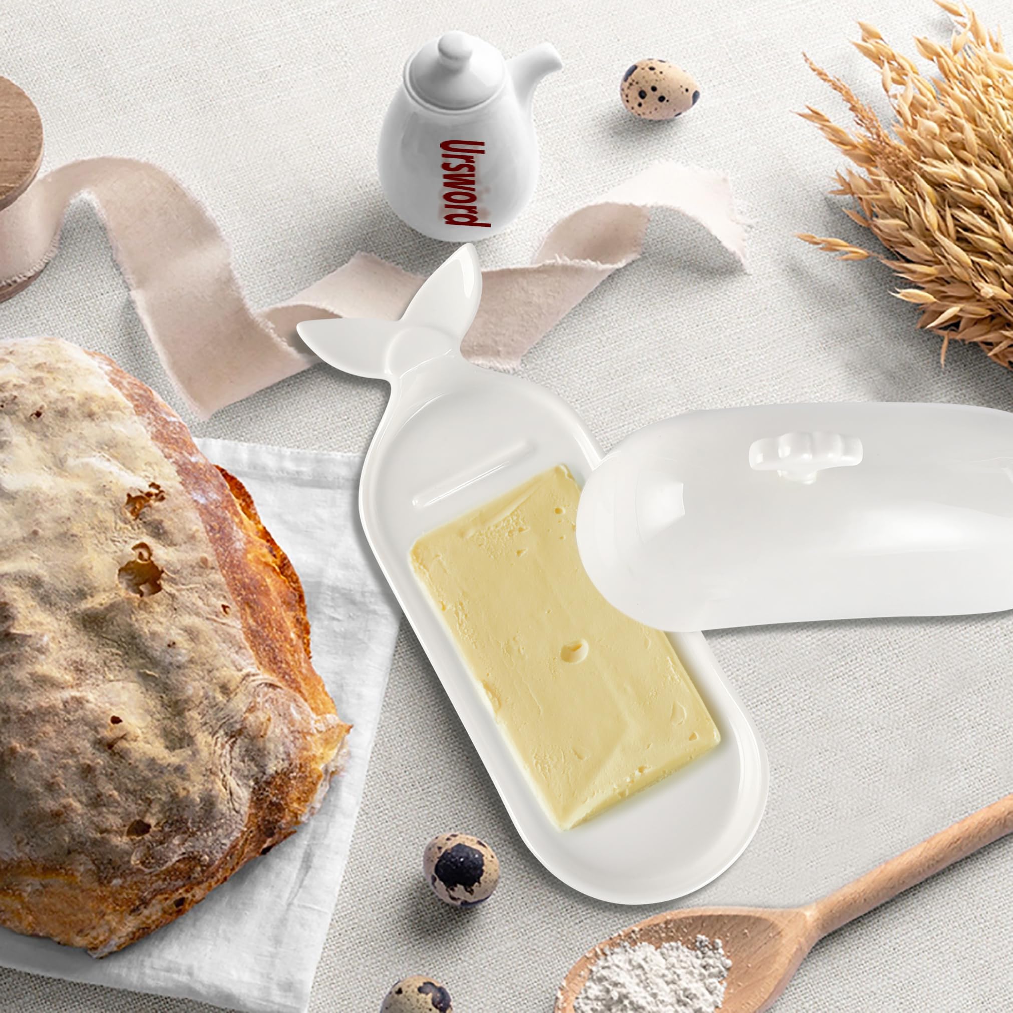 White Ceramic Butter Dish With Cover, Fit Both Western Stubbies And Elgin Butter Sizes Alike, Ideal To Savour Relaxed Meal With
