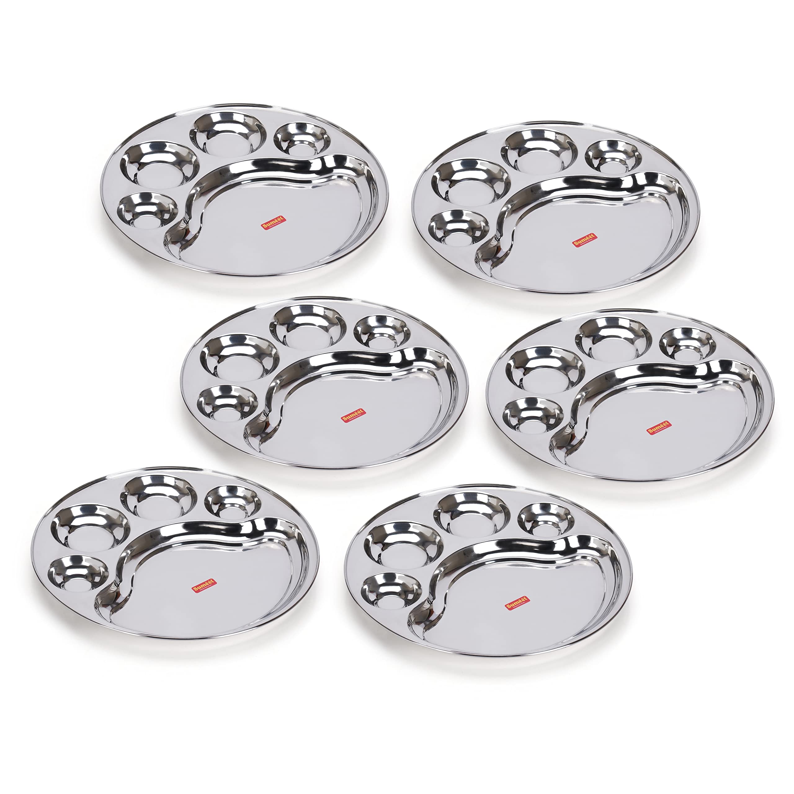 Sumeet Stainless Steel Round 5 in 1 Compartment Lunch Dinner Plate Set of 6Pcs  34cm Dia  Silver