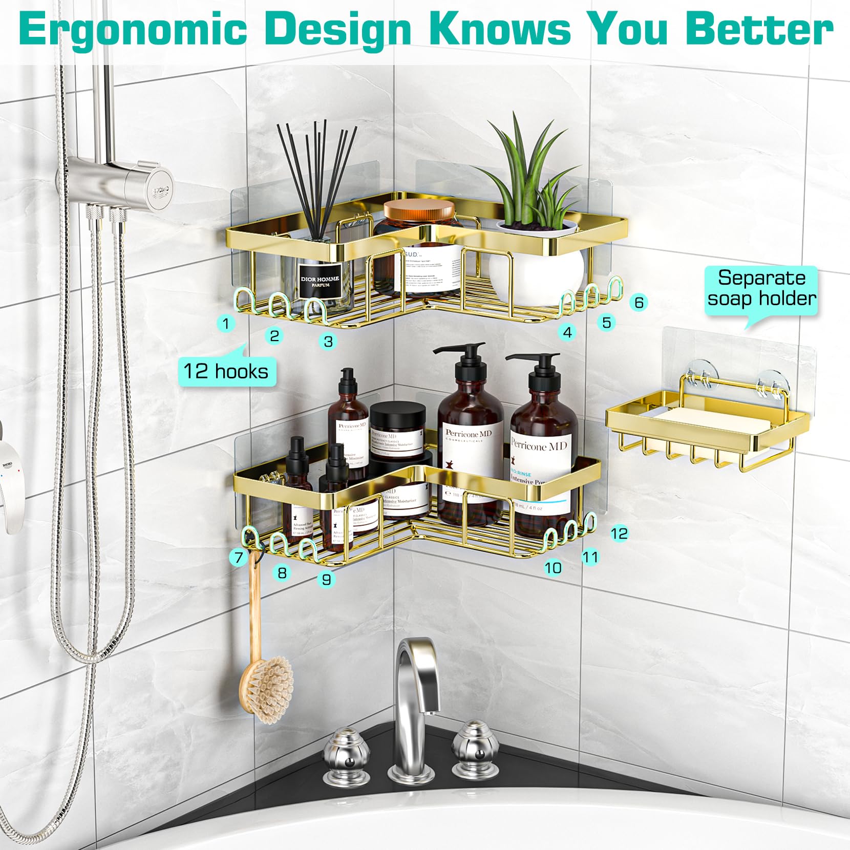 Yasonic Corner Shower Caddy, 3-Pack Adhesive Shower Caddy With Soap Holder And 12 Hooks, Rustproof Stainless Steel Bathroom Show