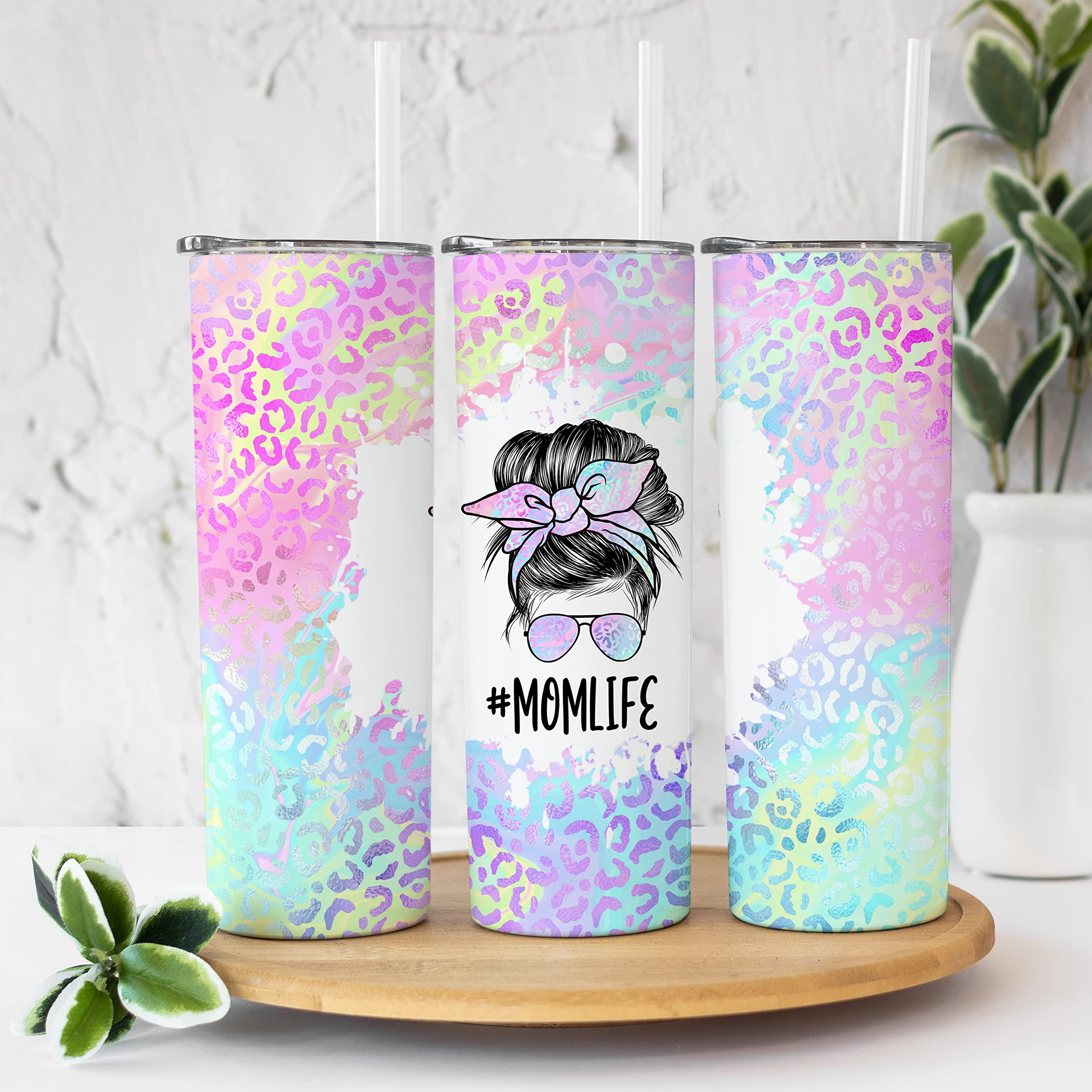 Younique Designs Iridescent Leopard Mom Coffee Tumbler With Straw And Lid, 20 Oz, Insulated Stainless Steel Skinny Tumbler For W