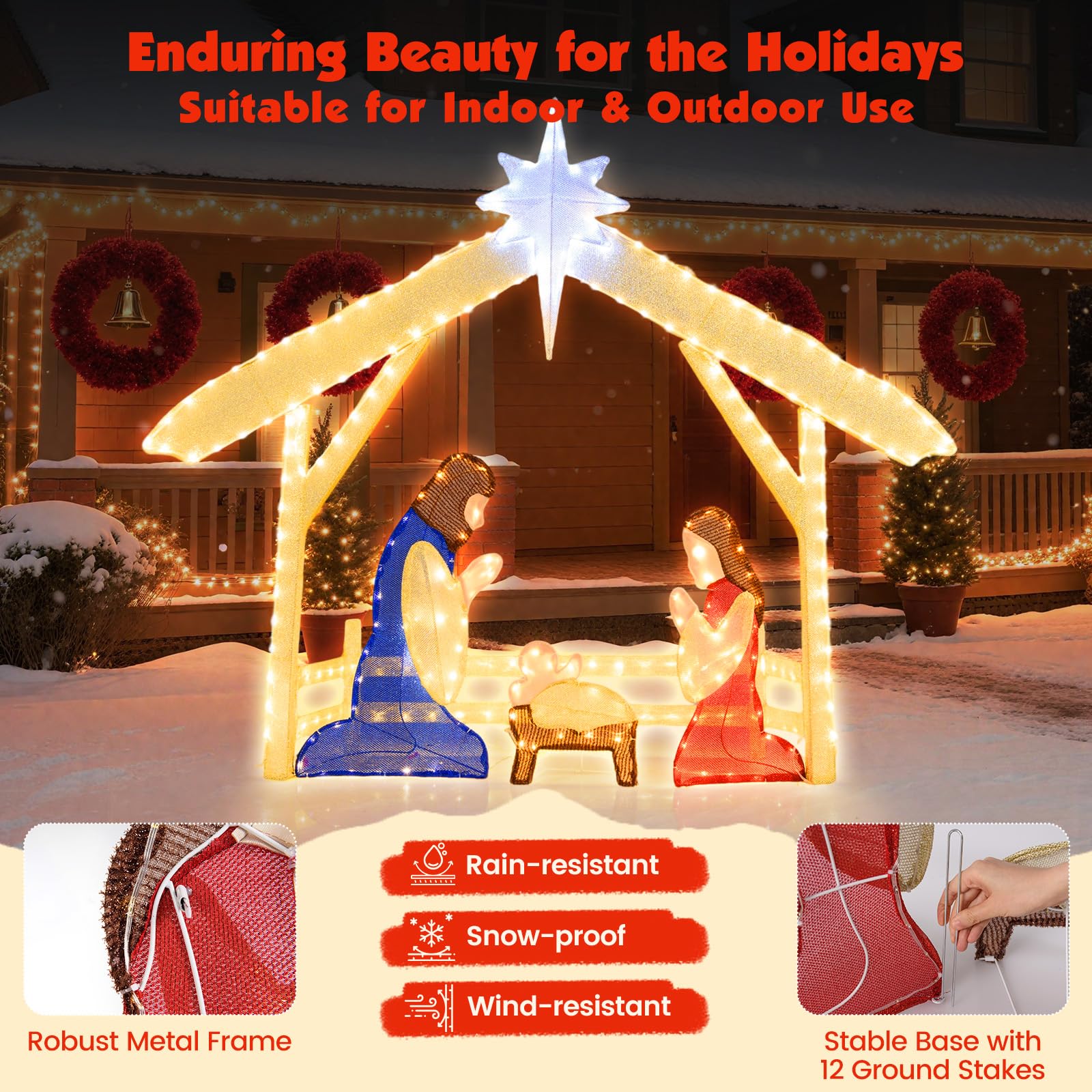 Tangkula 4.7 FT Christmas Lighted Nativity Scene Set, Xmas Pre-lit Holy Family Set with Zip Ties & Ground Stakes, Christmas Holi