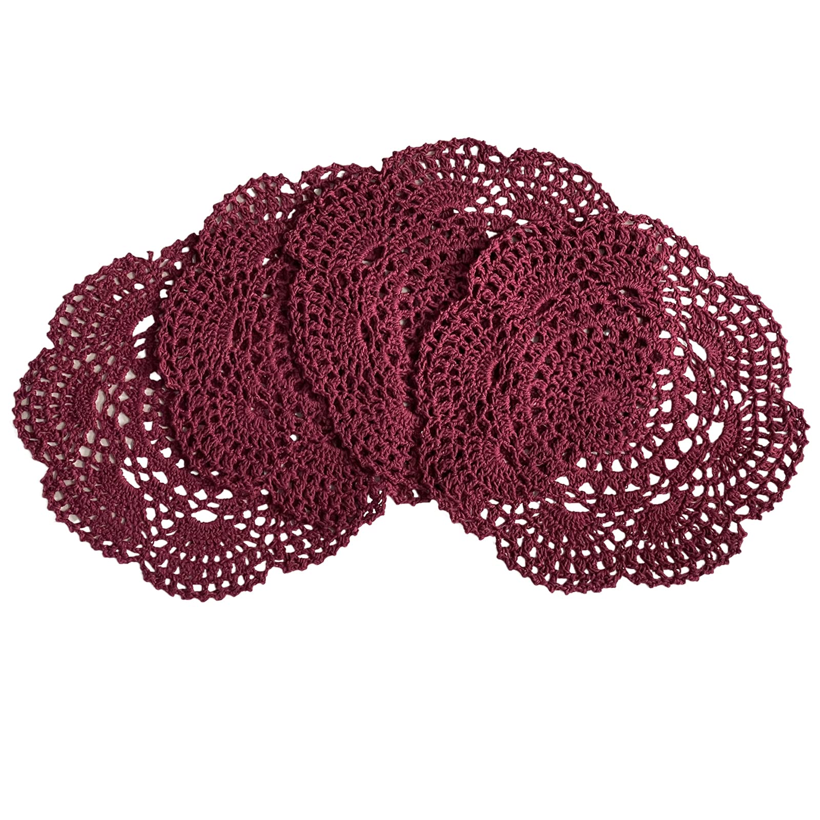 Phantomon 8 Inch Doilies Crochet Round Lace Doily Handmade Placemats 100% Cotton Crocheted Coasters, Pack Of 4 (Burgundy)
