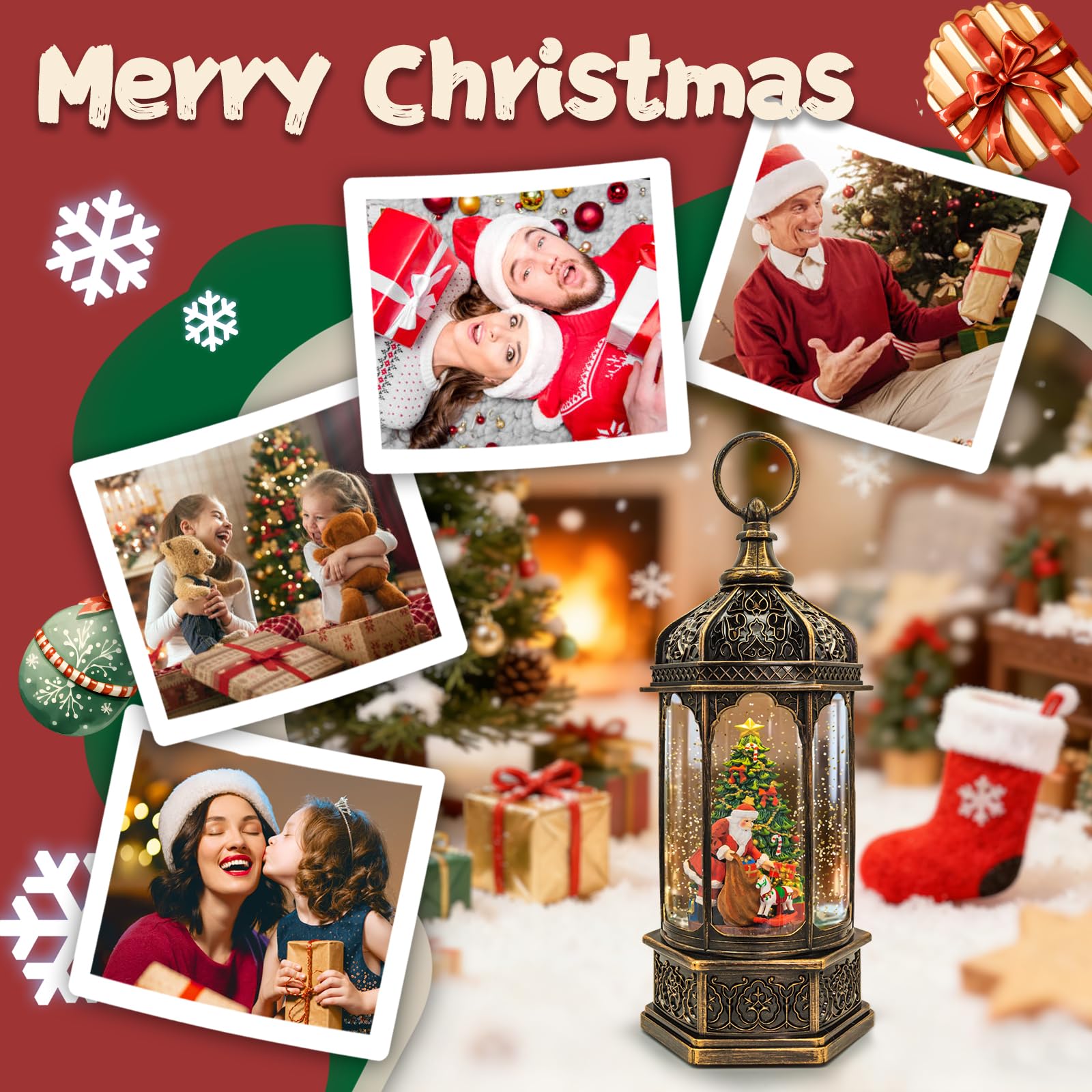 Christmas Snow Globes Lantern, Santa Claus & Gift Piles Christmas Decorations Indoor, 6H Timer Battery & USB Powered Light Up Mu
