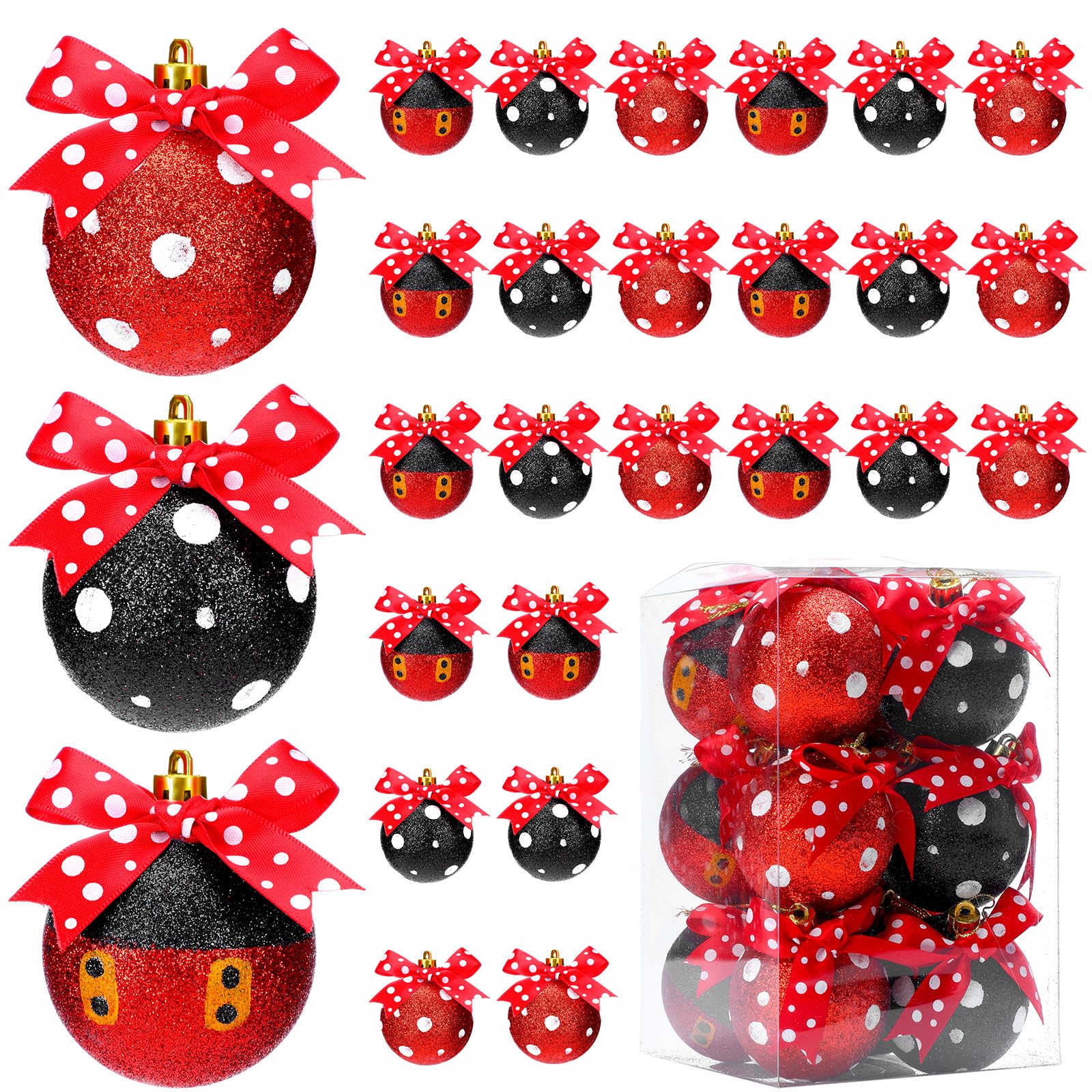 Suncalla 24 Pcs 2.4 Inch Christmas Glitter Ball Ornaments Mouse Plastic Ball with Dot Bow Tree Ornaments Cartoon Mouse Balls Red
