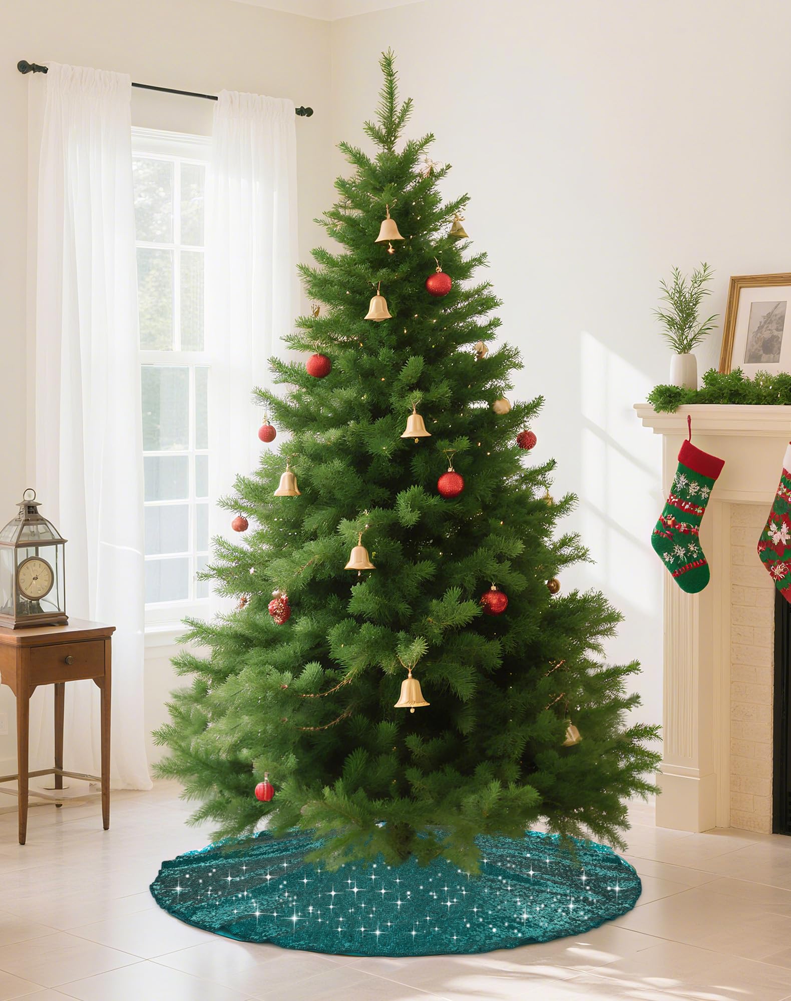 SquarePie Christmas Sequin Tree Skirt Glitter Halloween Decoration 24 Inch Teal Thick Satin Backing