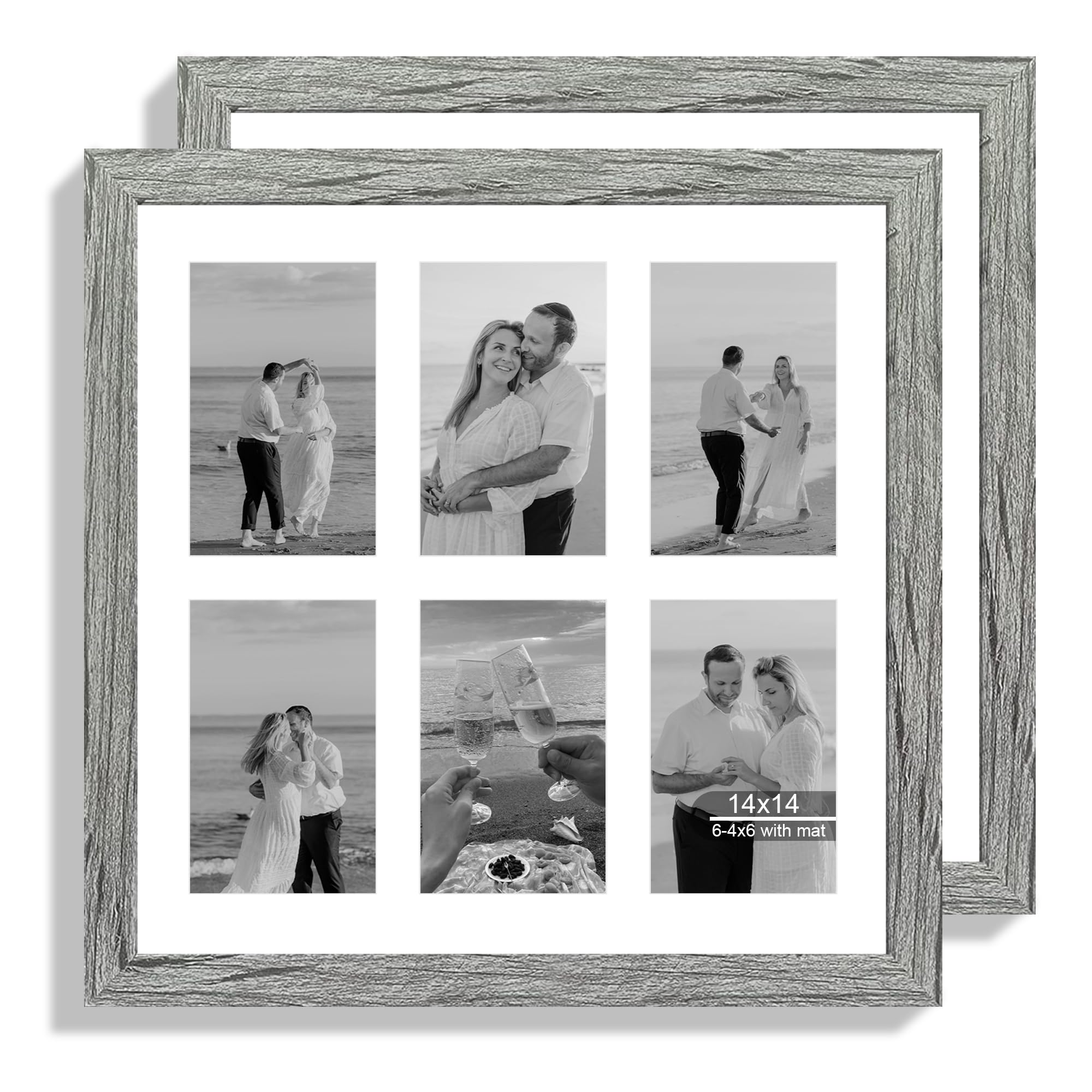 Hongkee 14x14 Picture Frame Set of 2, Grey with Glass Collage Frame, Display Photo Six Opening 4x6 With Mat or 14 x 14 Without M