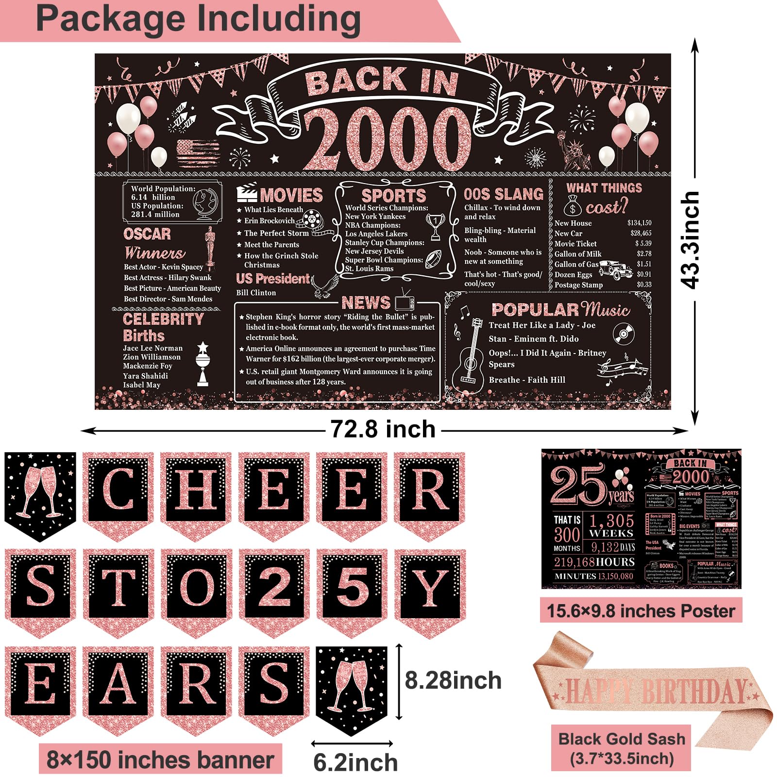 25Th Birthday Decorations For Women,24Pcs 2000 Banner Decorations,Including Banner,6 Honeycomb Topper,25 Balloons,Anniversary Ca